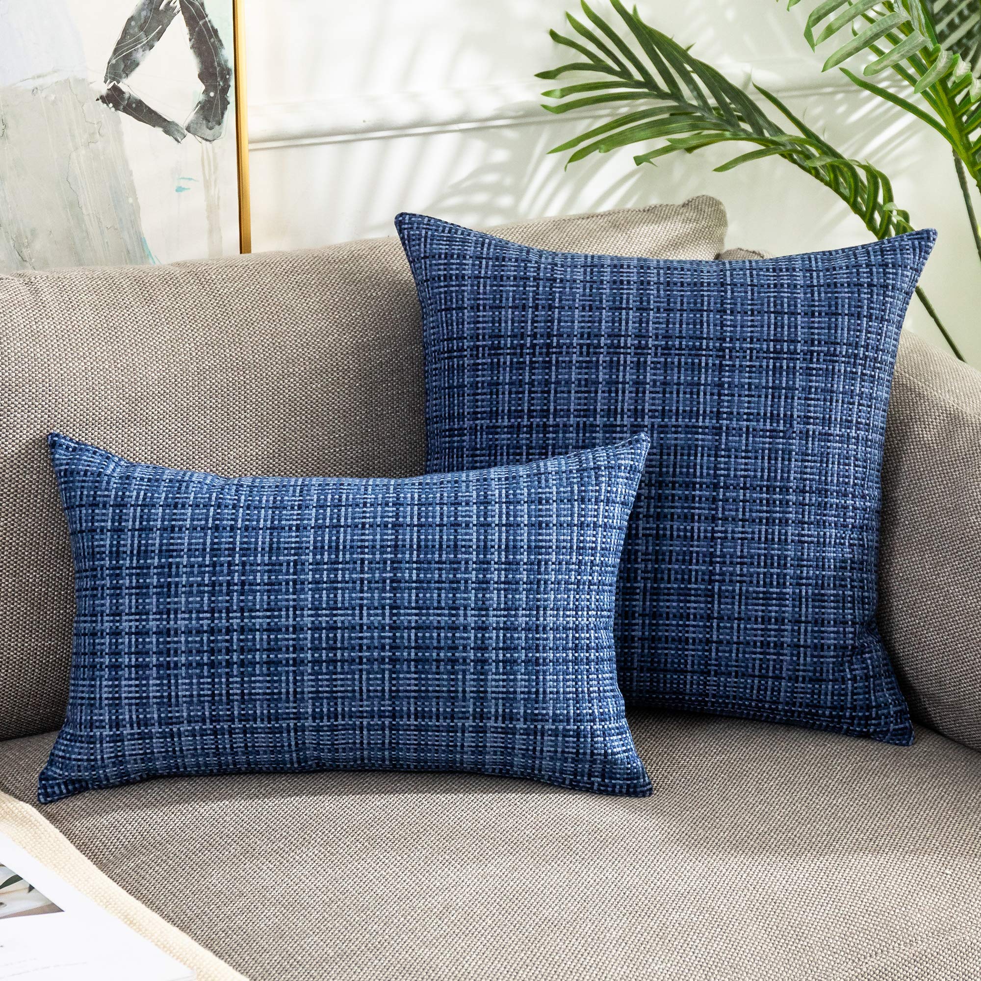 Kevin Textile 2-Pack Waterproof Outdoor Decorative Pillow Covers - 18x18 Inch Navy Blue Stripe Square Cushion Cases for Patio, Couch, Bench - Weatherproof & UV Resistant for Garden, Poolside & Porch Use