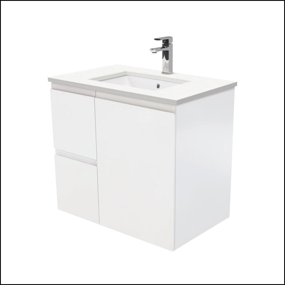 Fienza Crystal Pure 750mm Undermount Bathroom Vanity with Stone Top - Wall Mounted Satin White SC75ZL Model (Left Drawers & Fingerpull Design) - Perfect for Modern Bathrooms, Powder Rooms & Small Space Solutions