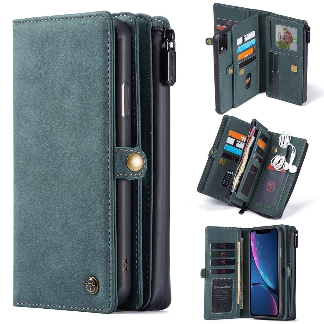 Premium Leather Flip Wallet Case for iPhone XR - Magnetic Detachable Zipper Cover with 17 Card Slots, Shockproof TPU+PC Protection (Blue) | Perfect for Business, Travel & Everyday Use