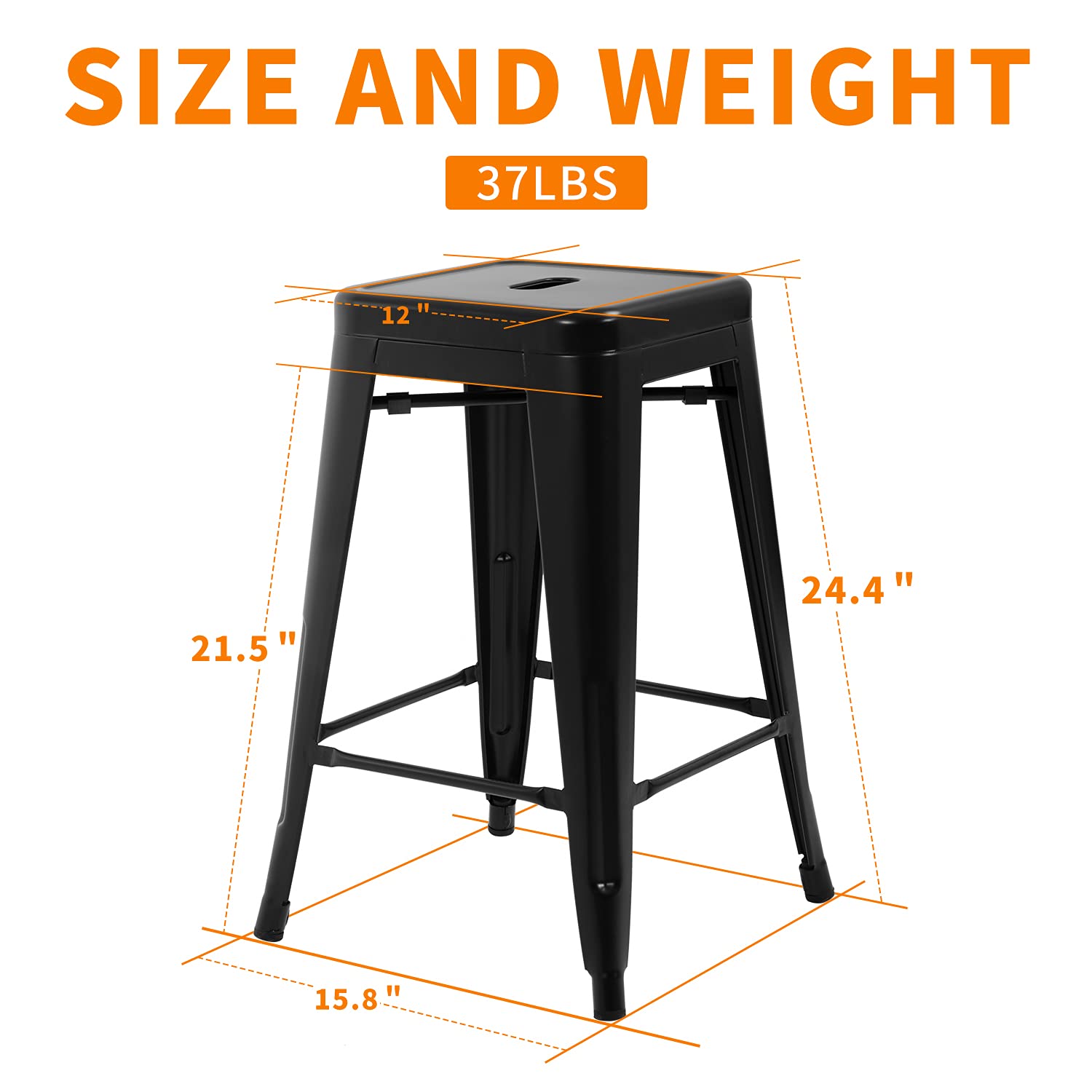 HCY 24 Inch Metal Dining Chairs Set of 4 - Stackable Bar Stools for Kitchen, Patio, Indoor & Outdoor Use - Durable Black Metal Chairs for Restaurant, Cafe, Bistro and Home Decor