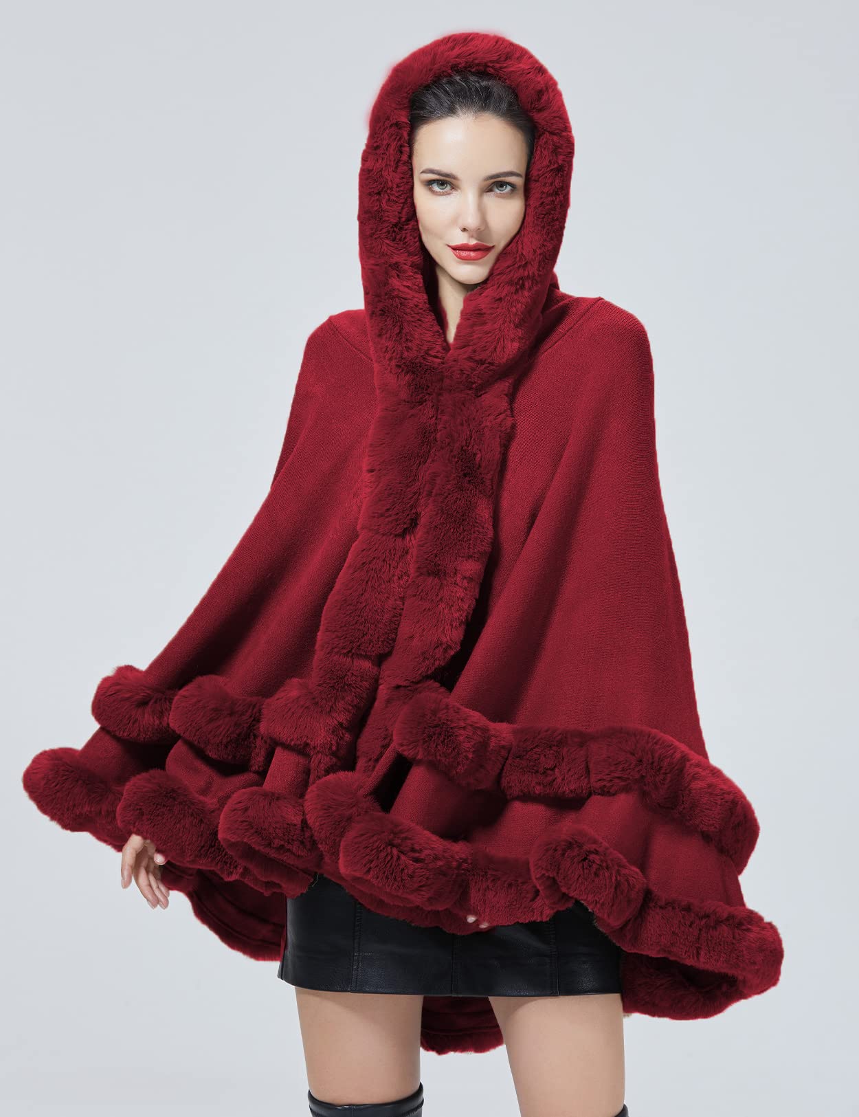 Women's Hooded Poncho Cape - Faux Fur Shawl Wrap with Fur Trim, Sleeveless Cardigan Cloak for Dressy Fashion Tops & Winter Coats | Perfect for Parties, Weddings & Cold Weather Layering