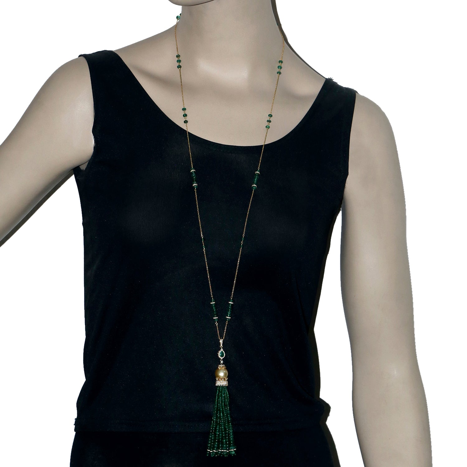 Faceted Emerald Pearl Beads Gemstone Diamond Yellow Gold Tassel Necklace - Elegant Jewelry for Women, Perfect for Weddings, Parties & Special Occasions