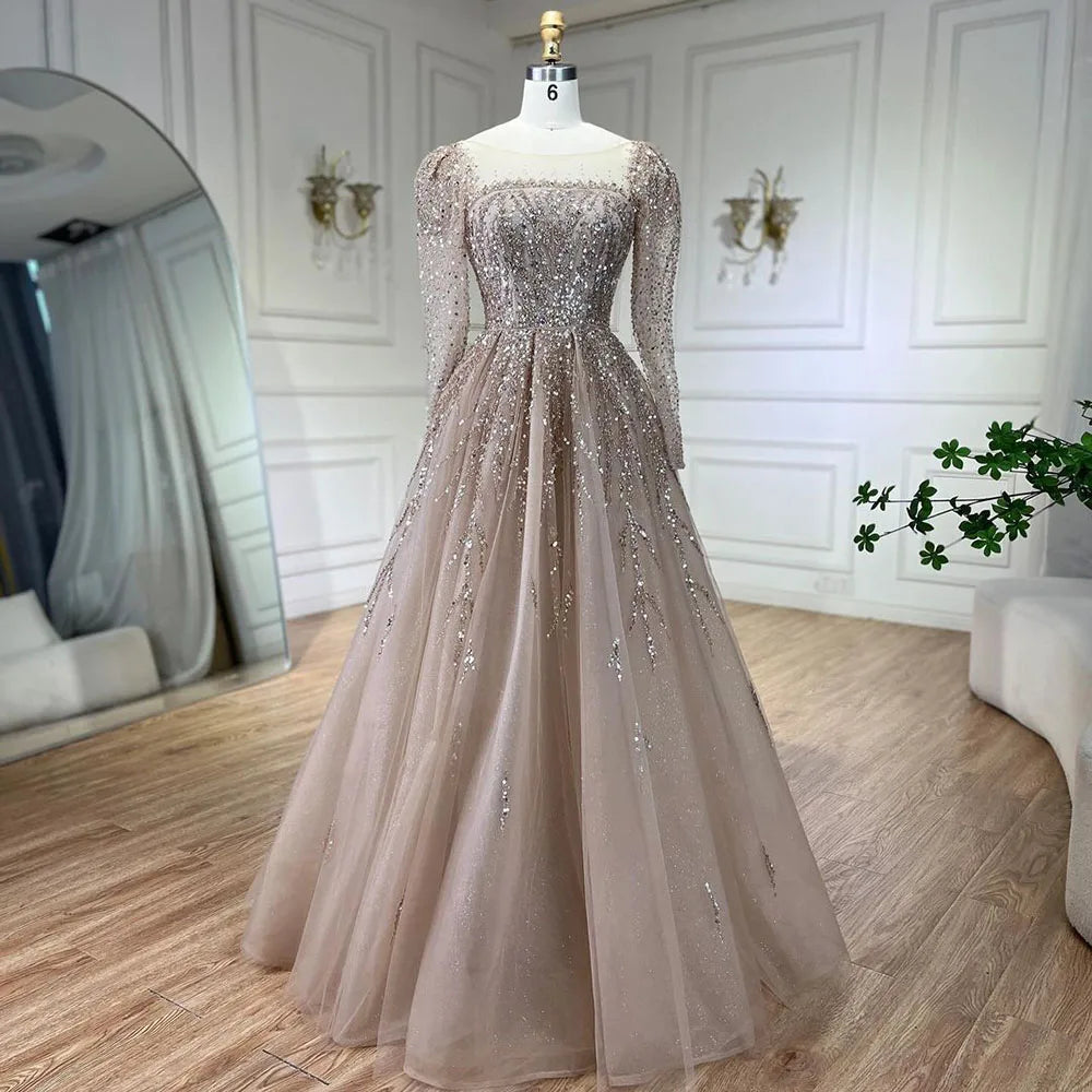 Elegant Dusty Pink Long Sleeve Evening Gown - Luxury Dubai Party Dress for Women LA71915 | Perfect for Weddings, Galas & Formal Events