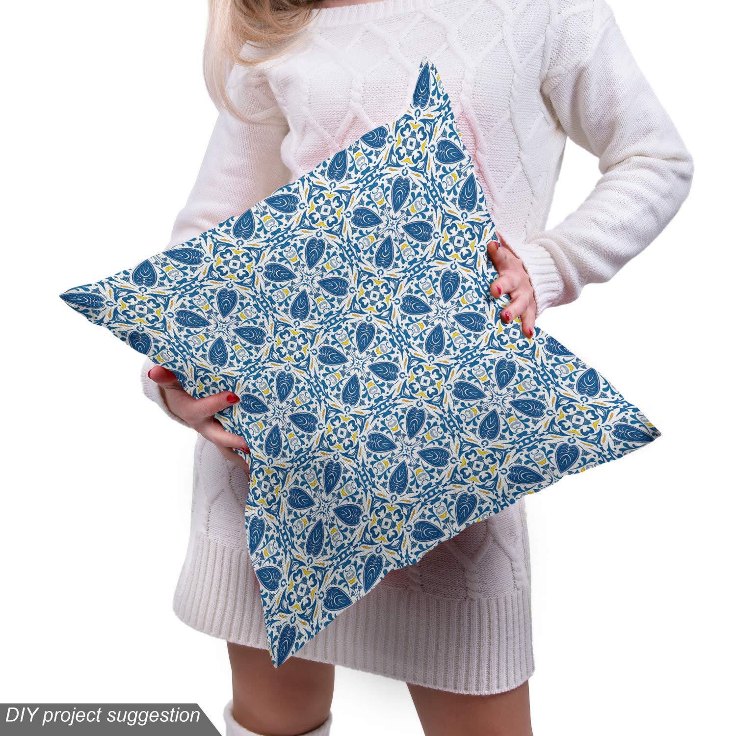 Portuguese Tile Floral Fabric - 10 Yards for Upholstery & Home Decor | Yellow Blue Mosaic Design
