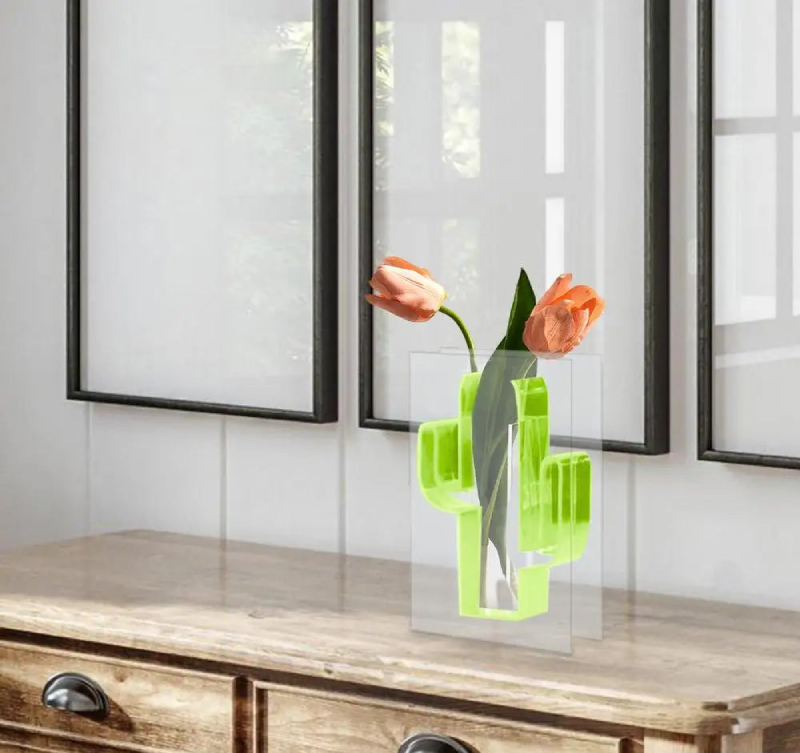 Neon Cactus Acrylic Vase & Desktop Organizer - Modern Home Office Decor for Pens, Pencils & Makeup Brushes - Perfect for Workstations, Desks & Gift Ideas