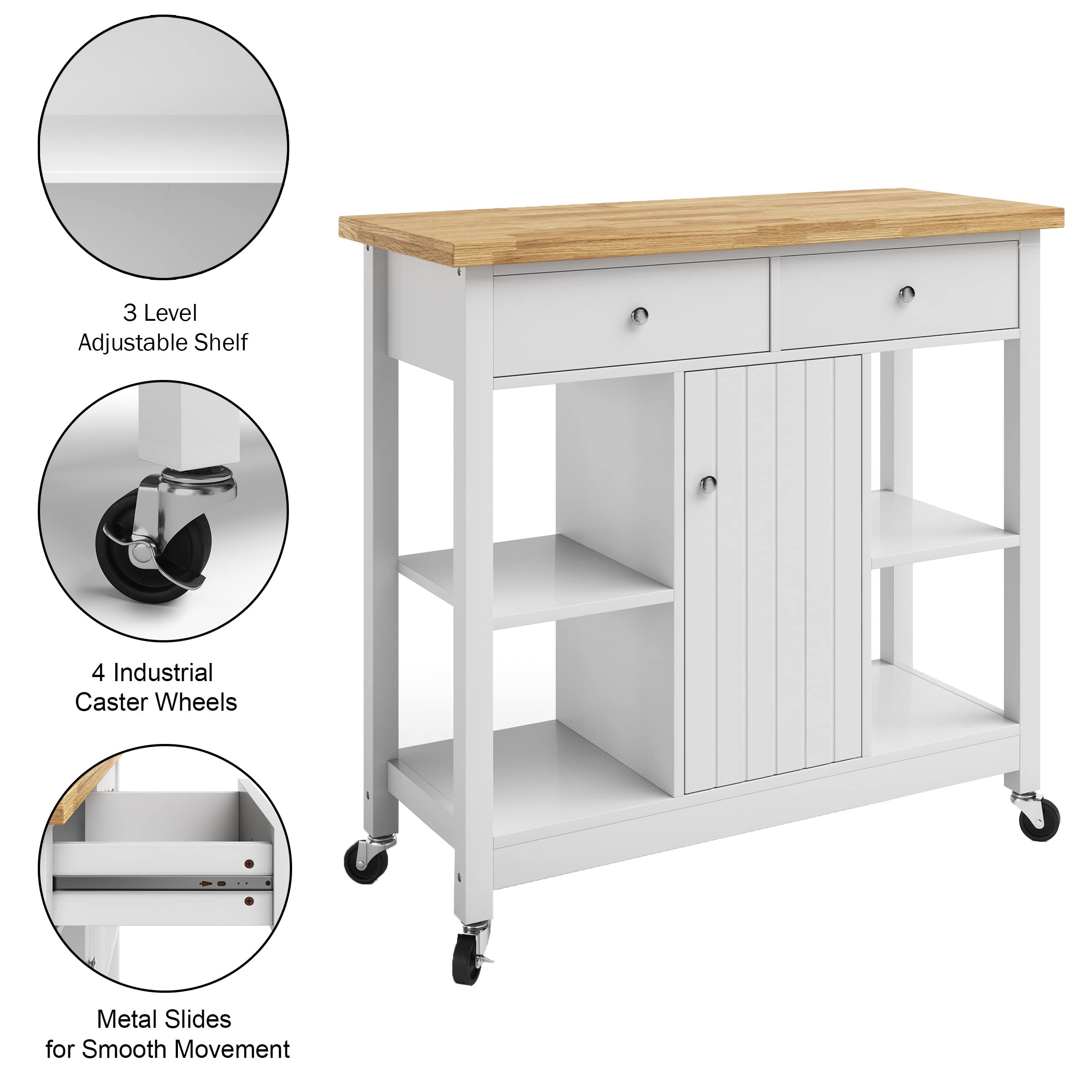 Premium White Kitchen Island with Drawers & Locking Wheels - Mobile Rolling Cart for Coffee Bar, Microwave Stand, Pantry Storage - Perfect for Small Kitchens, Apartments & Entertaining Guests