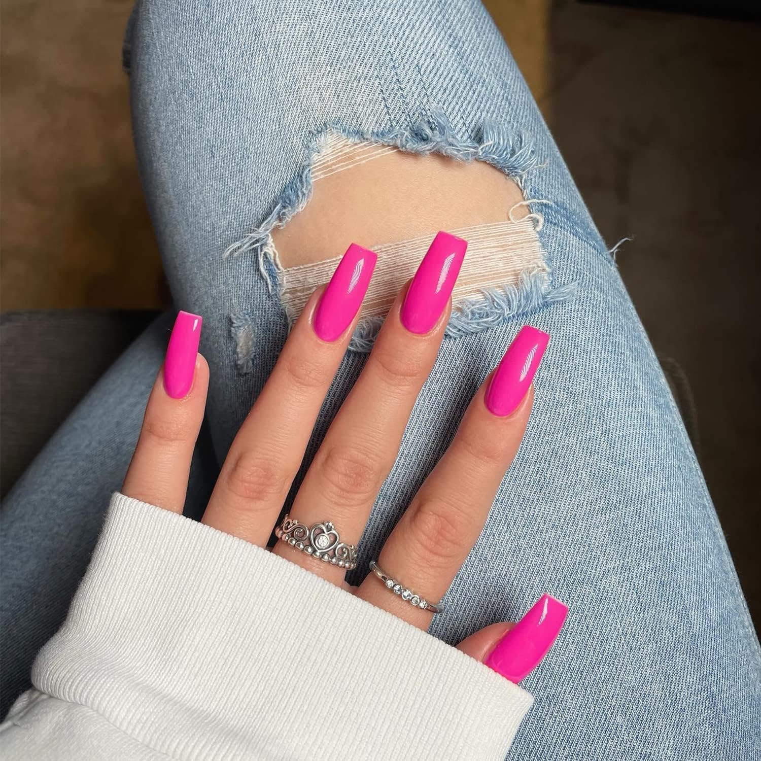Xcreando Medium Long Square Press On Nails - Hot Pink Acrylic Fake Nails with Glue, Natural Thick Artificial Nails for Women | Perfect for Parties, Weddings, Date Nights & Everyday Glam