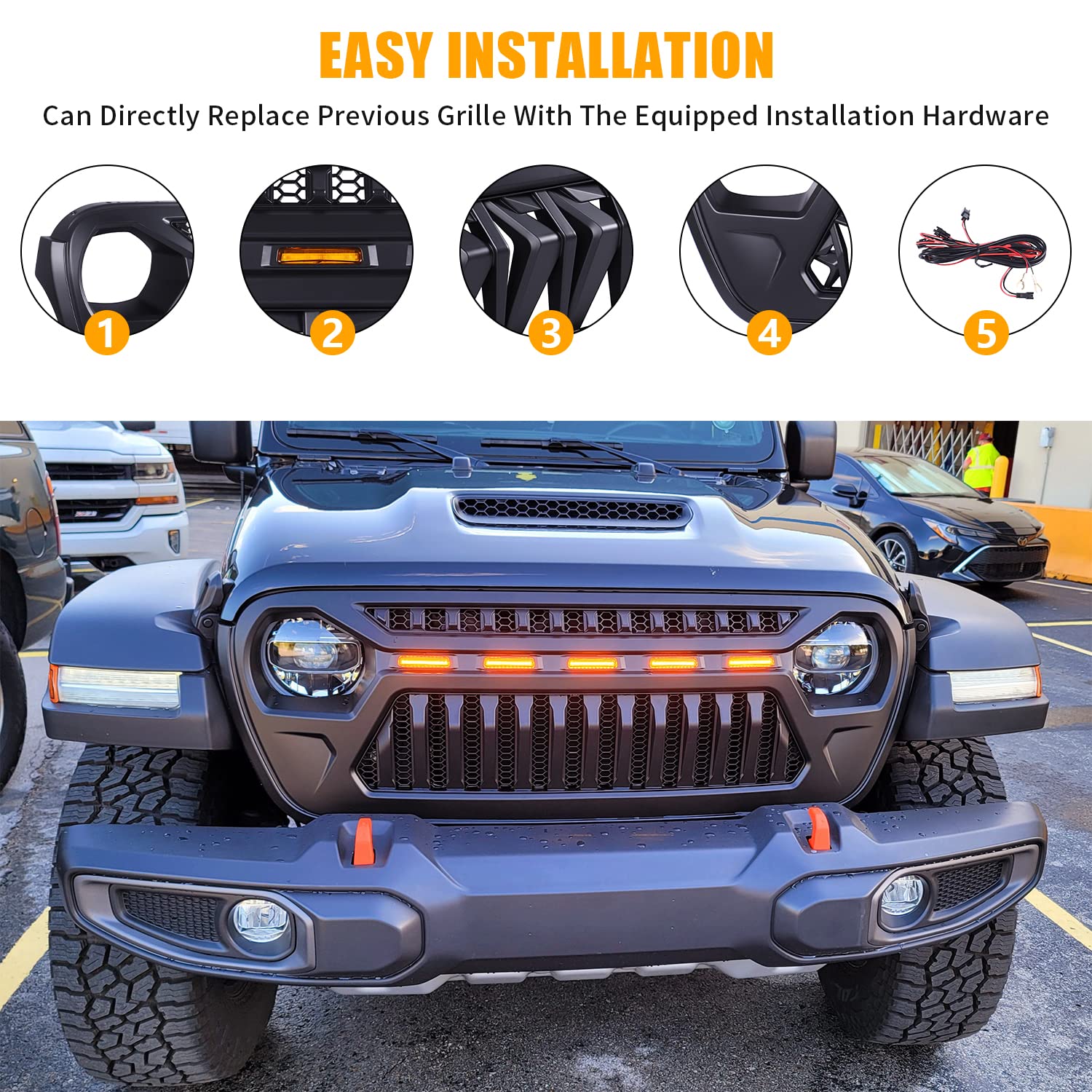 2018+ Jeep Wrangler JL/JLU & Gladiator JT Matte Black Mesh Grille Front Cover with Amber LED Running Lights | Off-Road Protection & Style Upgrade