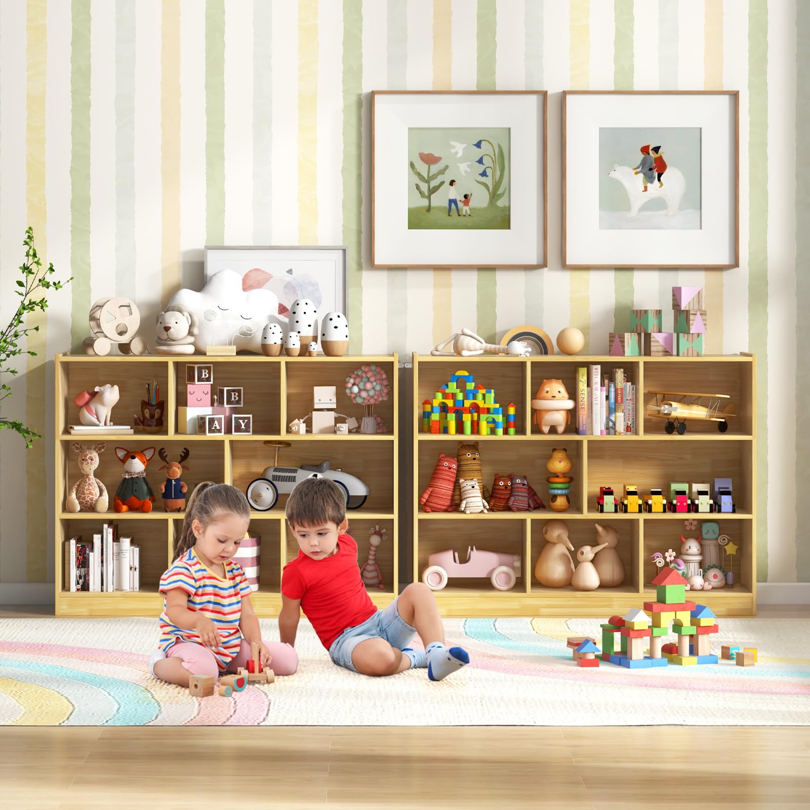HONEY JOY Kids Toy Storage Organizer - 8-Section Wooden Shelf for Preschool & Daycare, 3-Tier Open Bookcase for Classroom, Playroom, Nursery & Kindergarten (Yellow) - Perfect for Organizing Toys, Books & Learning Materials