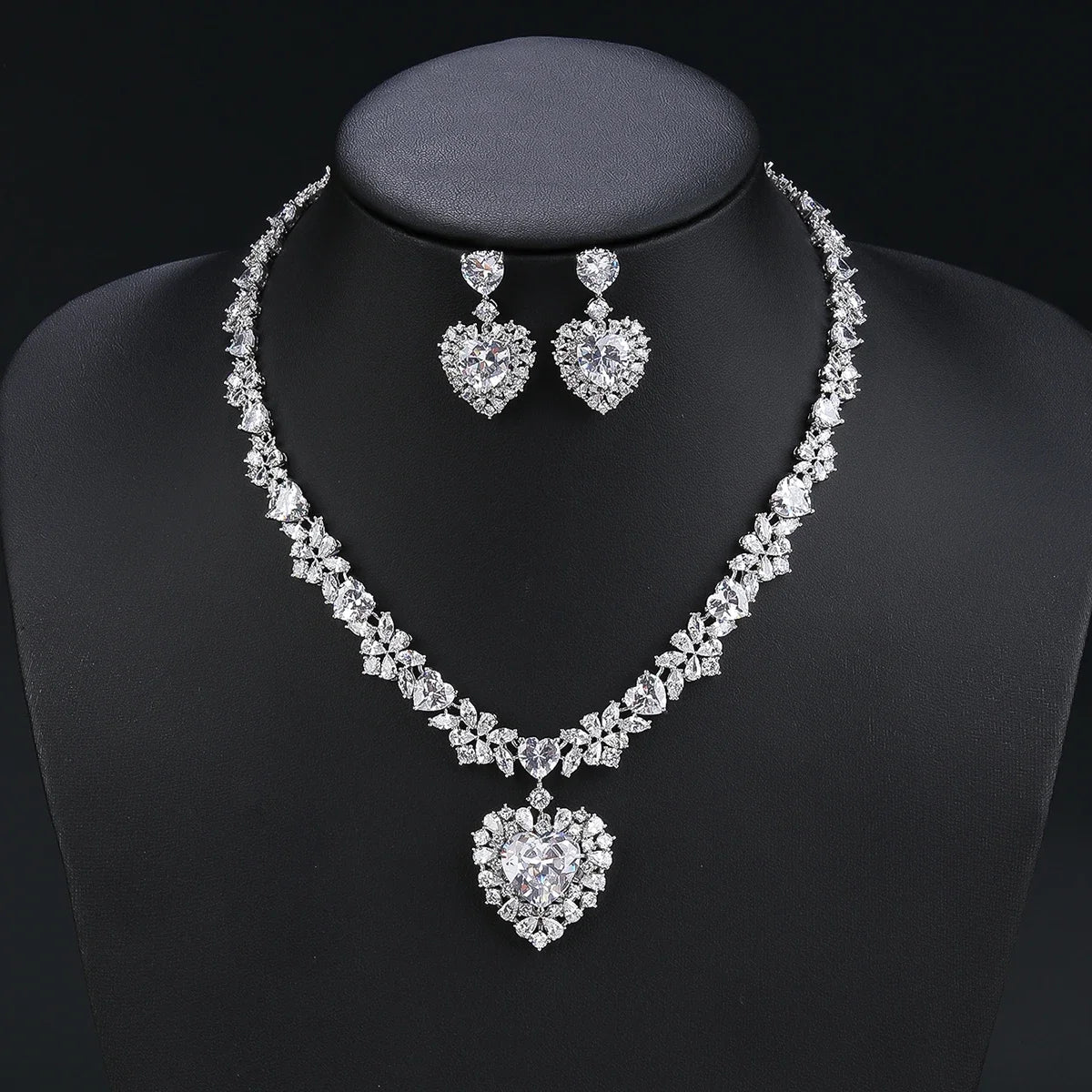 Elegant Cubic Zirconia Heart Necklace & Earrings Set for Women - Luxury Wedding Jewelry, Bridal Gift, Anniversary Present - Perfect for Weddings, Date Nights, and Special Occasions