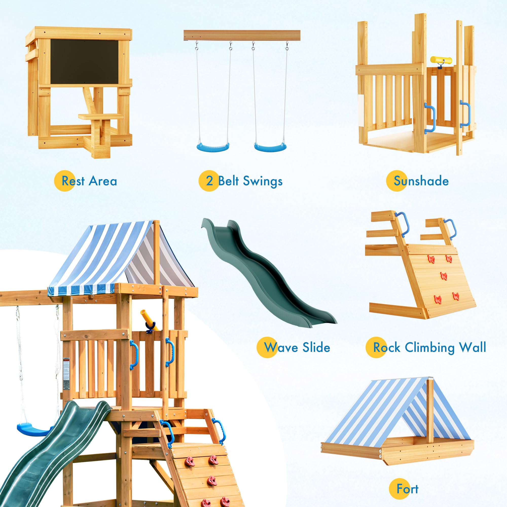 ROBOTIME All-in-One Wooden Swing Set for Backyard - Outdoor Play Equipment with Swings, Slide & Climbing Rope Ladder - Durable Kids Swing Playset for Ages 3-10 - Perfect for Backyard Fun, Playground & Outdoor Activities