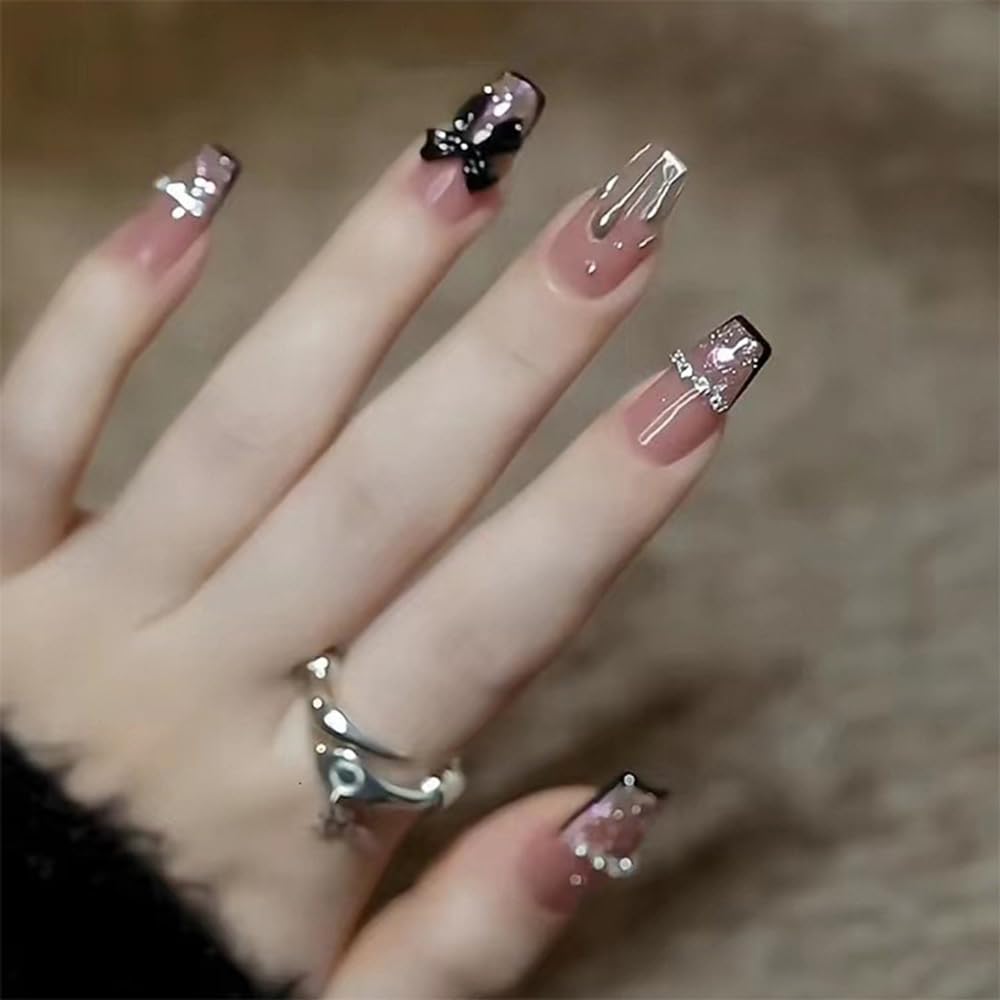 24PCS Black Glitter Bowknot Press on Nails - DIY Fake Nails for Women, Easy to Apply False Nails for Parties, Weddings, Date Nights and Special Occasions