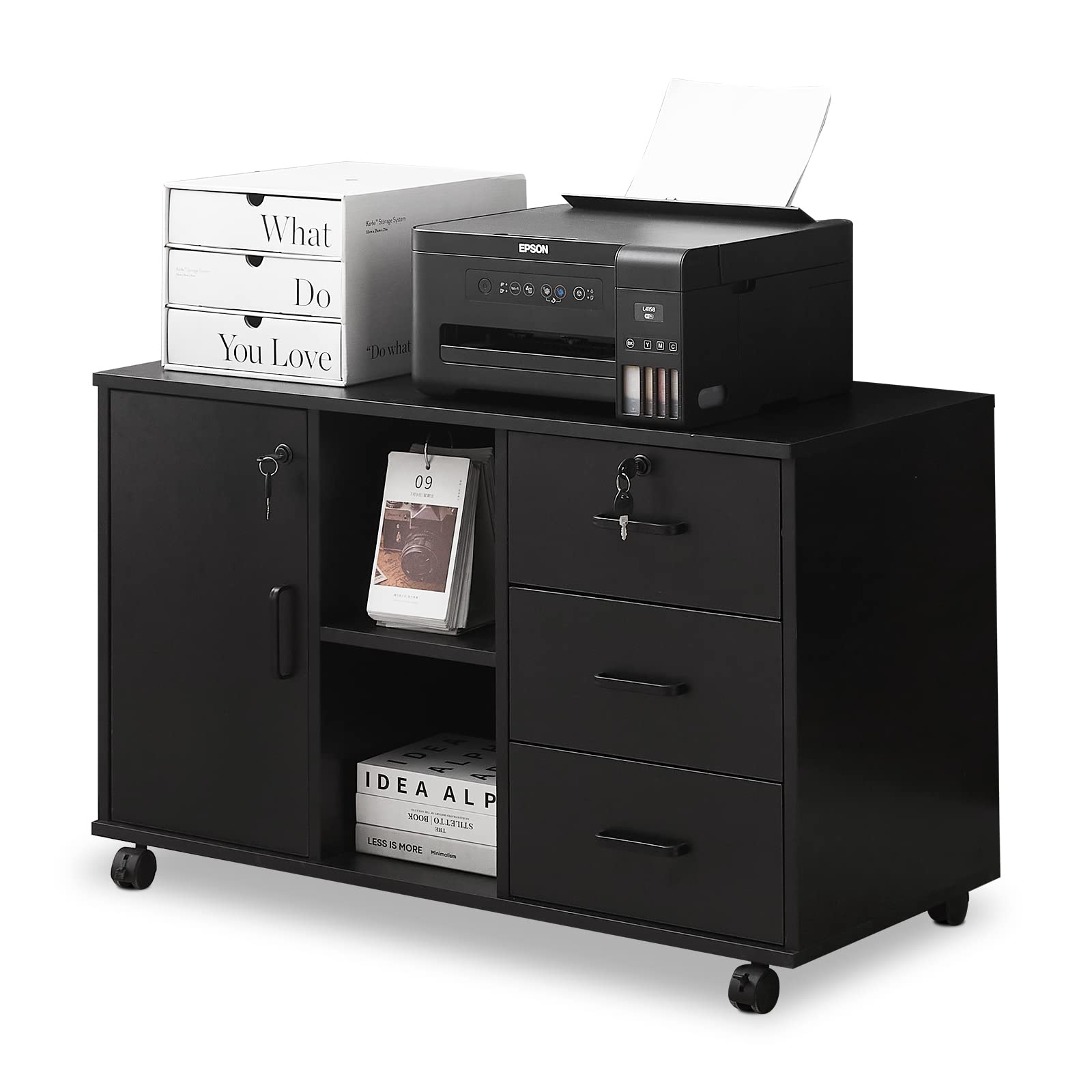 TUKAILAi 3-Drawer Mobile File Cabinet with Door & Open Shelf - Lateral Printer Stand, Rolling Office Storage with 4 Wheels, Wooden Stationery Organizer for Home Office (Black) - Perfect for Small Spaces & Document Organization