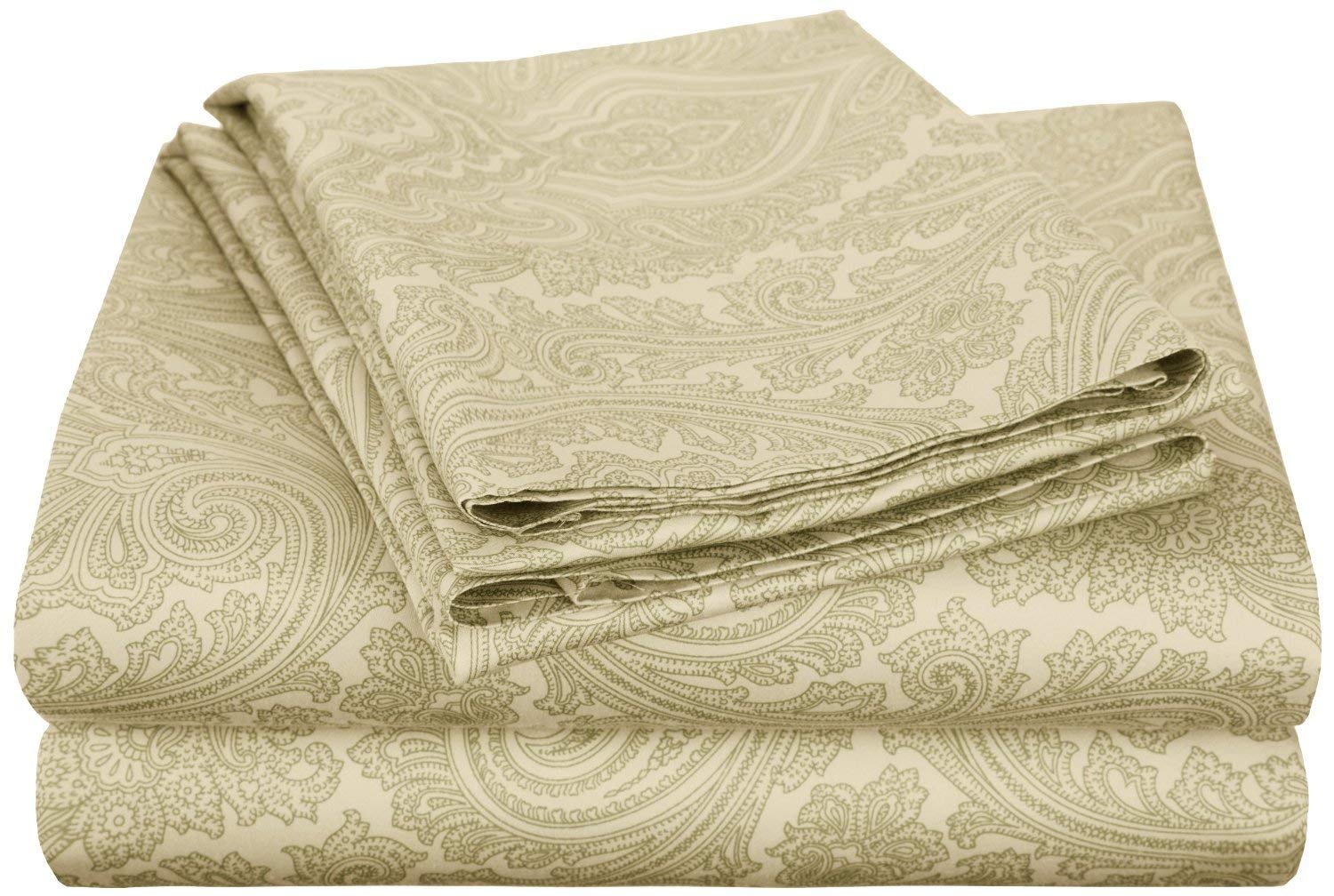 Italian Paisley Cotton Sheet Set - Wrinkle Resistant California King in Sage for Luxury Bedroom Decor
