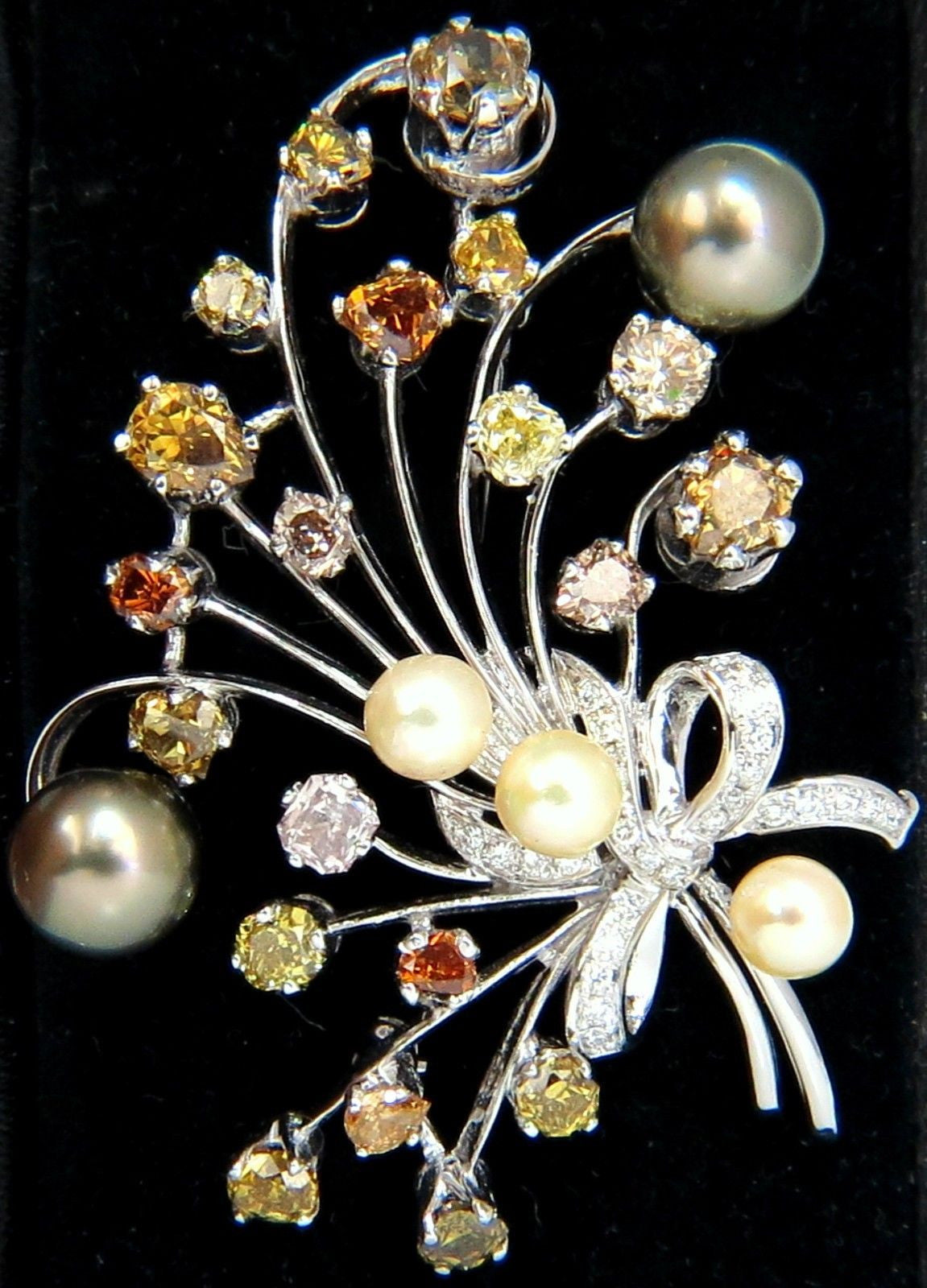 6.00ct Natural Fancy Color Yellow Orange Brown Pink Diamond Brooch with Pearl - Elegant Jewelry for Weddings, Parties & Special Occasions