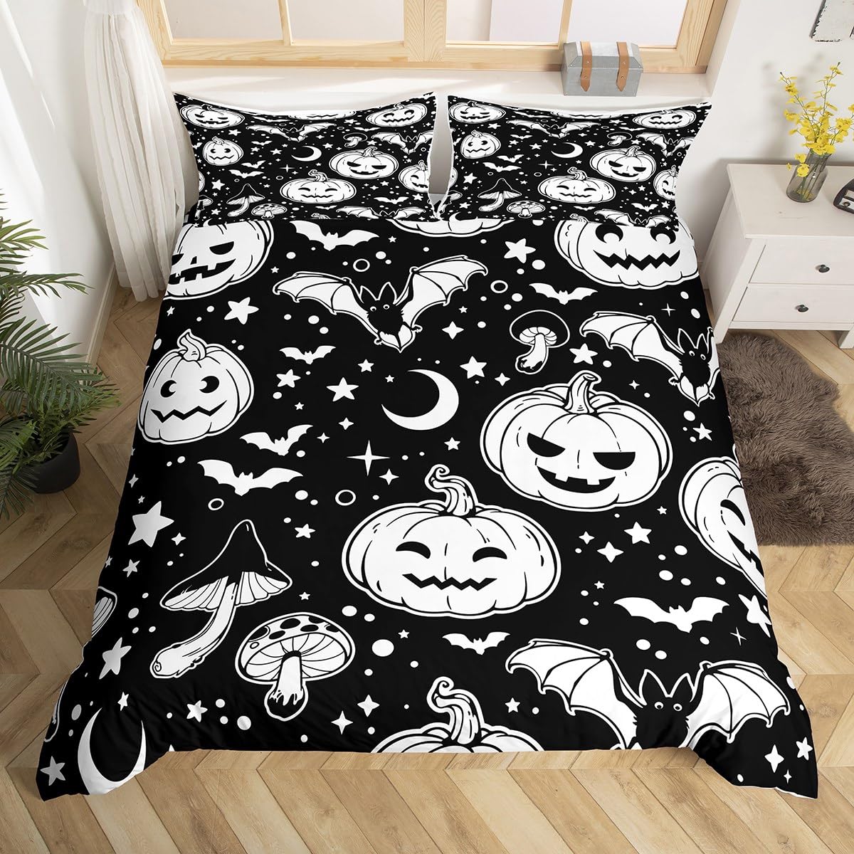 Erosebridal Bats Duvet Cover Set - Gothic Halloween Bedding with Cute Mushroom Print, Black & White Twin Size Comforter for Spooky Room Decor | Perfect for Halloween Parties & Gothic Themed Bedrooms