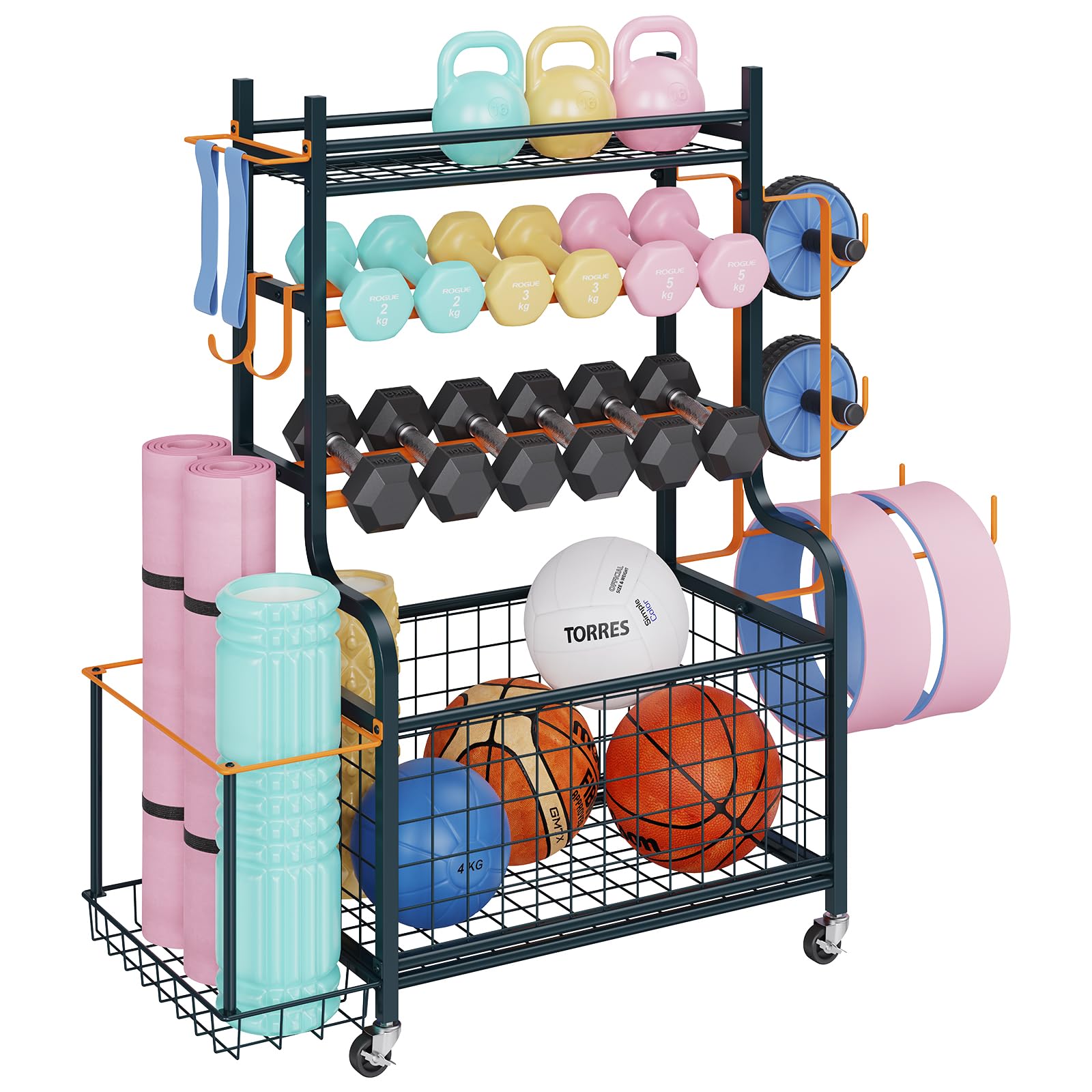 Dumbbell Weight Rack & Yoga Mat Storage Organizer - Heavy Duty Home Gym Equipment Cart with Wheels & Hooks for Dumbbells, Kettlebells & Workout Accessories | Perfect for Garage Gym, Home Workout & Yoga Studio Organization
