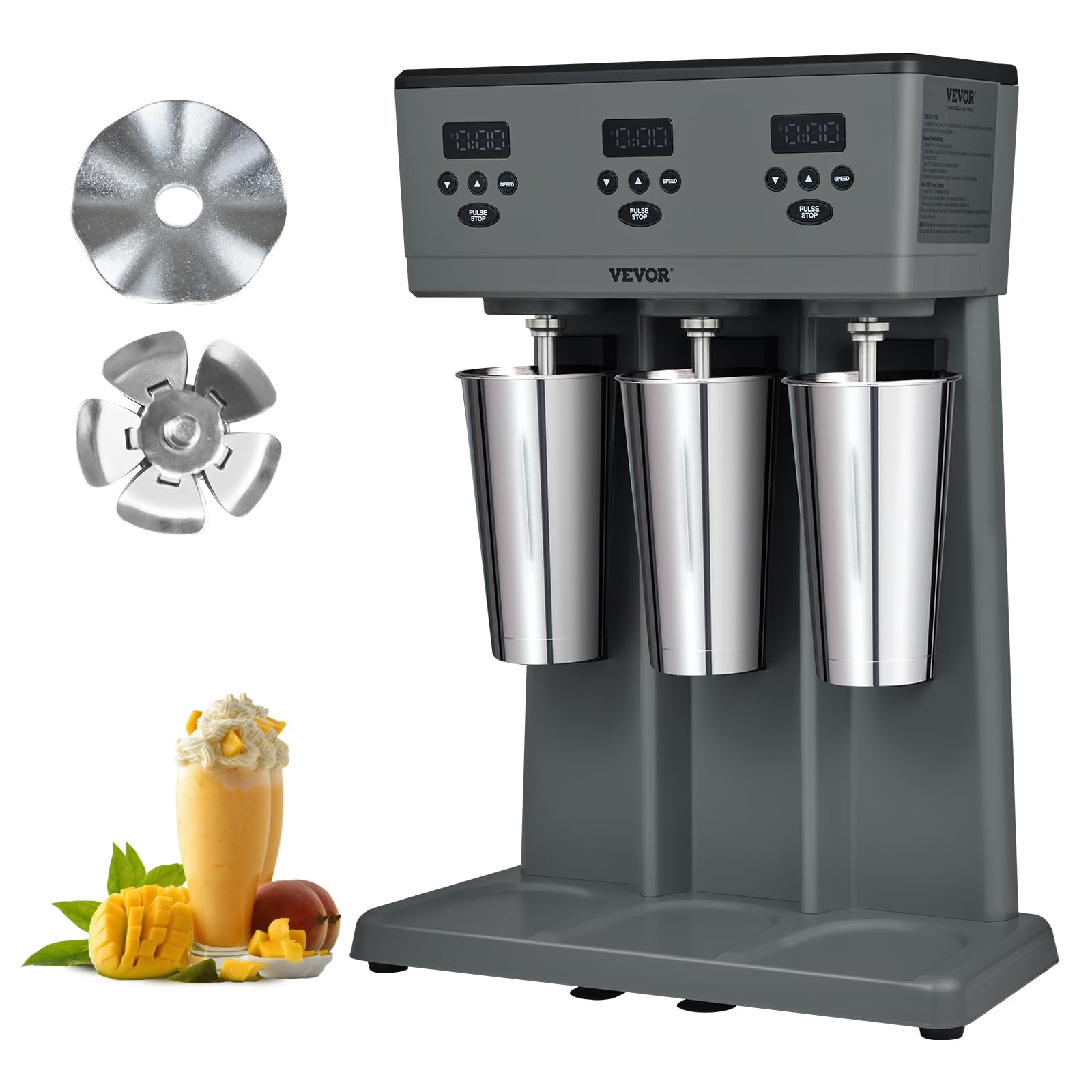VEVOR Commercial Triple Head Milkshake Maker - 375W Electric Drink Mixer Blender with 3 Speeds, LED Display & Microswitch, Includes 3 x 820ml Stainless Steel Cups - Perfect for Restaurants, Cafes, Ice Cream Shops & Smoothie Bars