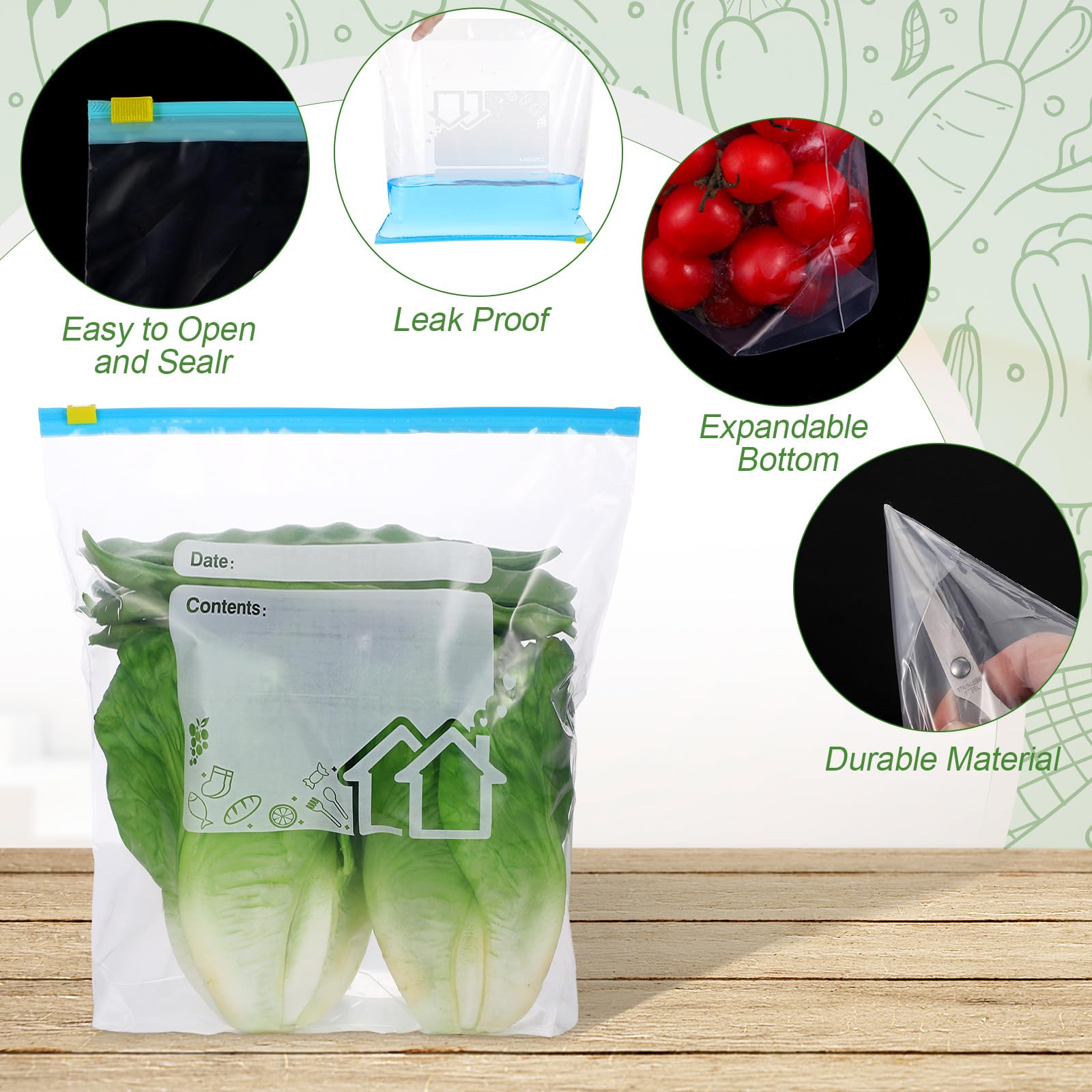 70 Pcs Reusable Freezer Bags with Zipper Lock - 3 Sizes (4.55L, 2.27L, 1L) Heavy Duty Expandable Bottom Food Storage Bags for Fruits, Vegetables, Meat & Snacks - Perfect for Meal Prep, Freezing & Organizing Kitchen Pantry