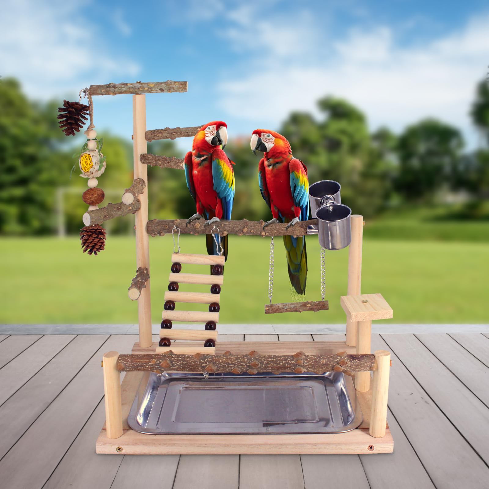 Natural Parrot Playground with Chew Toys, Perch Stand & Swing - Bird Cage Play Stand for Conure, Cockatiel, Parakeet | Includes Feeder Cups - Perfect for Bird Exercise & Entertainment at Home