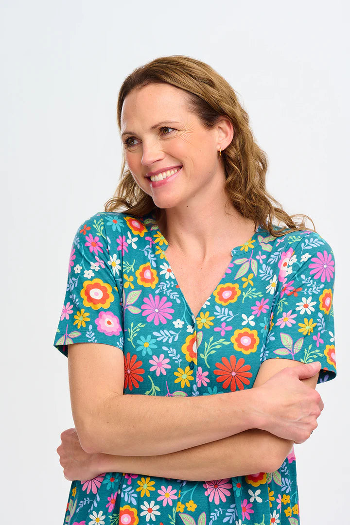 Heather Jersey Midi Smock Dress - Floral Print Teal Blue Boho Style Summer Dress for Women | Perfect for Beach Vacation, Brunch Dates & Casual Outings
