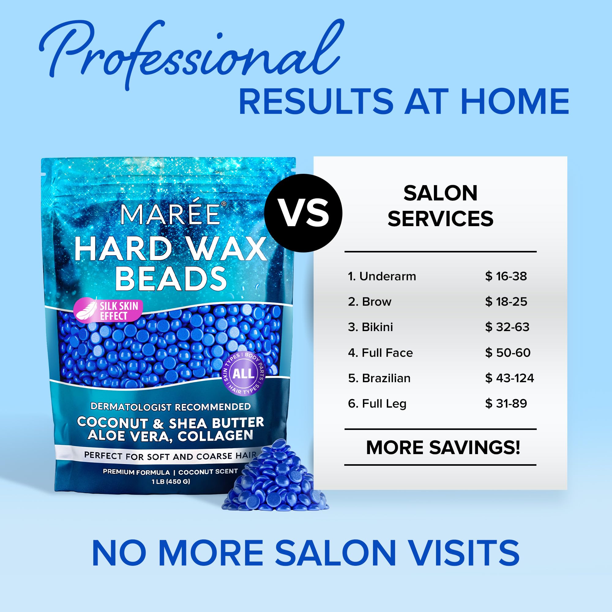 MAREE Hard Wax Beads for Hair Removal - Marine Collagen Shea Butter & Aloe Vera Waxing Kit - 450G for Body, Bikini & Sensitive Skin - At-Home Salon Waxing for Smooth Skin