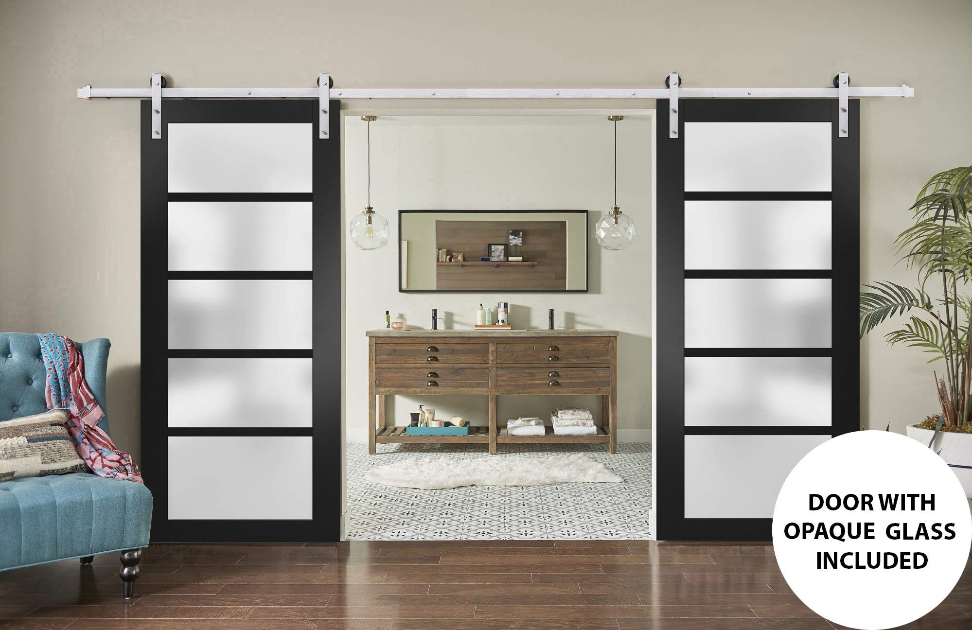 Sturdy 36 x 84 Inch Double Barn Door with Frosted Glass | Matte Black Quadro 4002 Design | 13-Foot Stainless Steel Rail & Hangers | Solid Panel Interior Doors for Bedroom, Closet, or Farmhouse Style Home