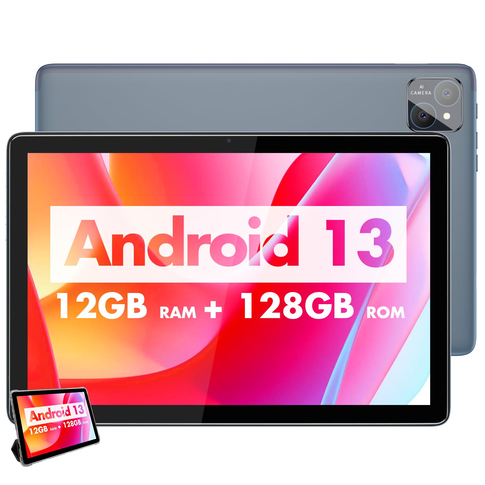 10.1 Inch Android Tablet with 4G LTE, Android 13 OS, 12GB RAM (6+6GB Expandable), 128GB Storage, Dual Camera (8MP+5MP), 5G WiFi, IPS HD Display (1280x800), Bluetooth 5.0, GPS, 8000mAh Battery - Includes Protective Case (Gray) - Perfect for Work, Study, Streaming & Travel
