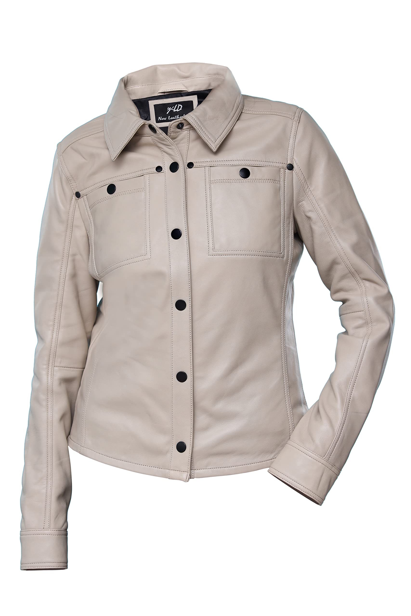 Jild Women's Button Front Lambskin Leather Jacket Shacket - Long Sleeve Casual Shirt Jacket with Bust Pocket | Stylish Outerwear for Fall & Winter | Perfect for Office, Dating & Weekend Outings