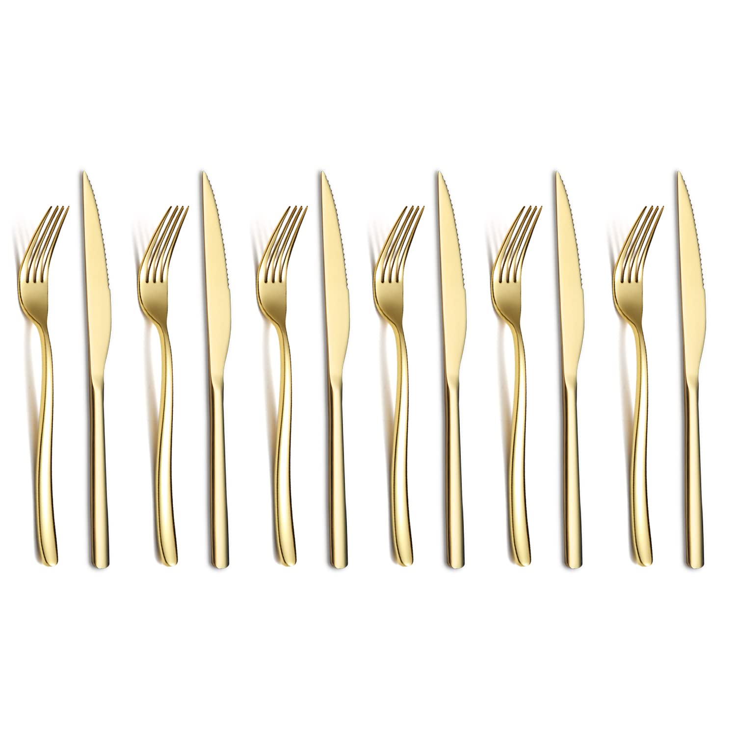 Premium 12-Piece Gold Steak Knives Set - 6 Stainless Steel Dinner Knives & 6 Forks - Dishwasher Safe Cutlery Set for 6 People - Elegant Shiny Gold Finish - Perfect for Dinner Parties, BBQs & Formal Dining