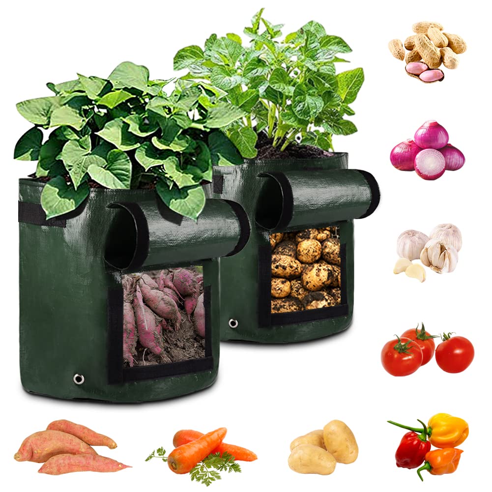10 Gallon & 5 Gallon Stackable Grow Bags for Strawberries, Potatoes, Tomatoes - Breathable Fabric Planters with Handles for Gardening, Balcony, Patio, and Indoor Planting