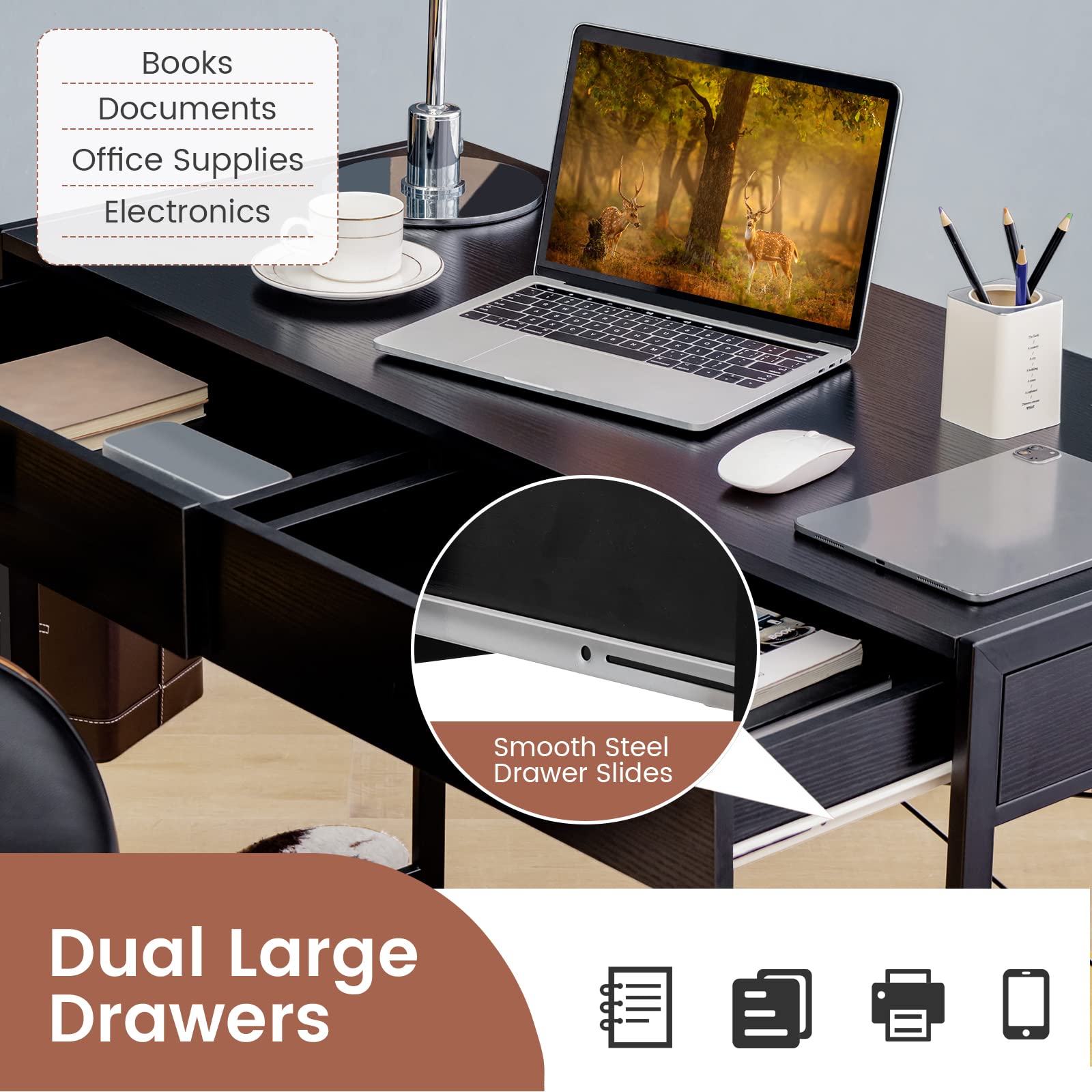 GOFLAME 44 Inch Computer Desk with 2 Storage Drawers - Sturdy Steel Frame Home Office Desk, Study Writing Workstation & Makeup Vanity Table for Living Room, Bedroom & Home Office - Perfect for Remote Work, Online Classes & Small Space Organization (Black)