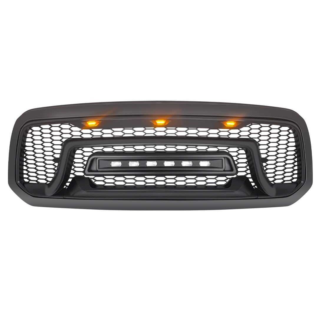 **Matte Black Front Grille for 2013-2023 Dodge Ram 1500 & Ram 1500 Classic | Off-Road Bumper Grill with LED Lights | Perfect for Off-Roading & Truck Customization**