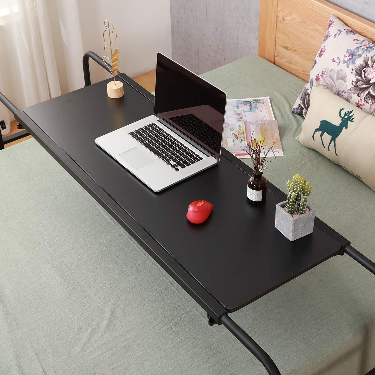 Adjustable Overbed Table with Wheels - Rolling Laptop Desk for King/Queen Beds, Portable Hospital Bed Table (Black) - Perfect for Home Office, Hospital Use & Bedside Workspace
