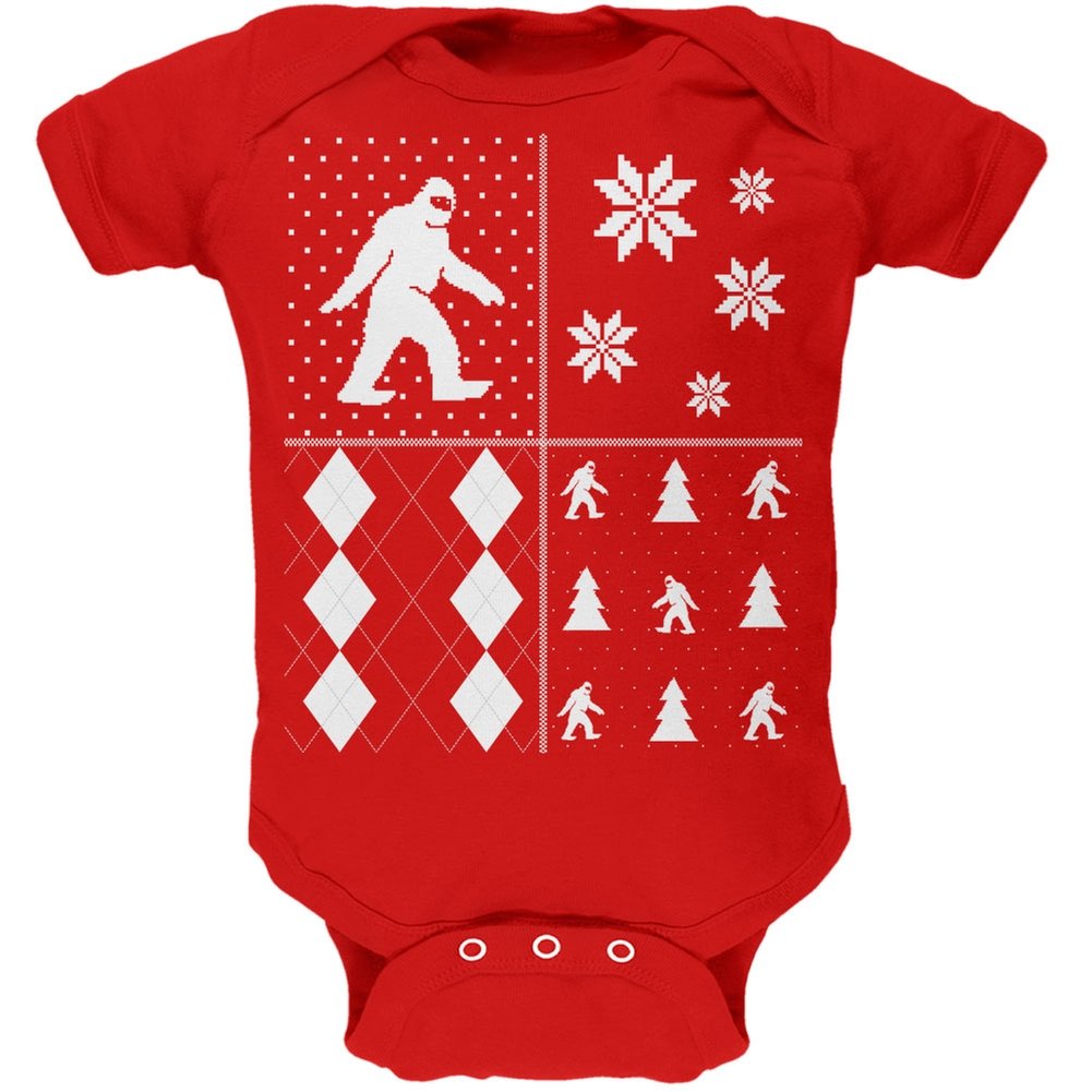 Old Glory Sasquatch Festive Christmas Blocks Ugly Sweater - Red Soft Baby One-Piece Outfit for Holiday Parties & Family Photos