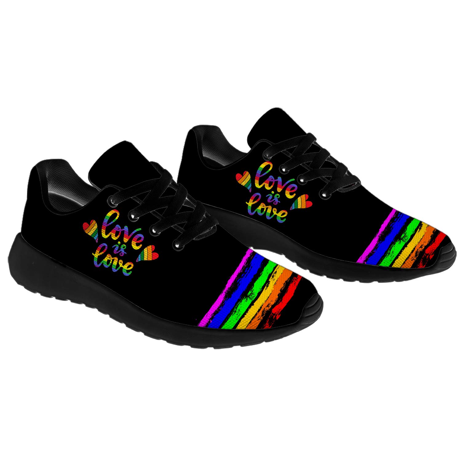 **Rainbow LGBTQ Pride Running Shoes for Women & Men - Comfortable Walking & Tennis Sneakers with Gay Flag Design - Size 7 Men/8.5 Women - Black - Perfect for Pride Parades, Workouts & Casual Wear**