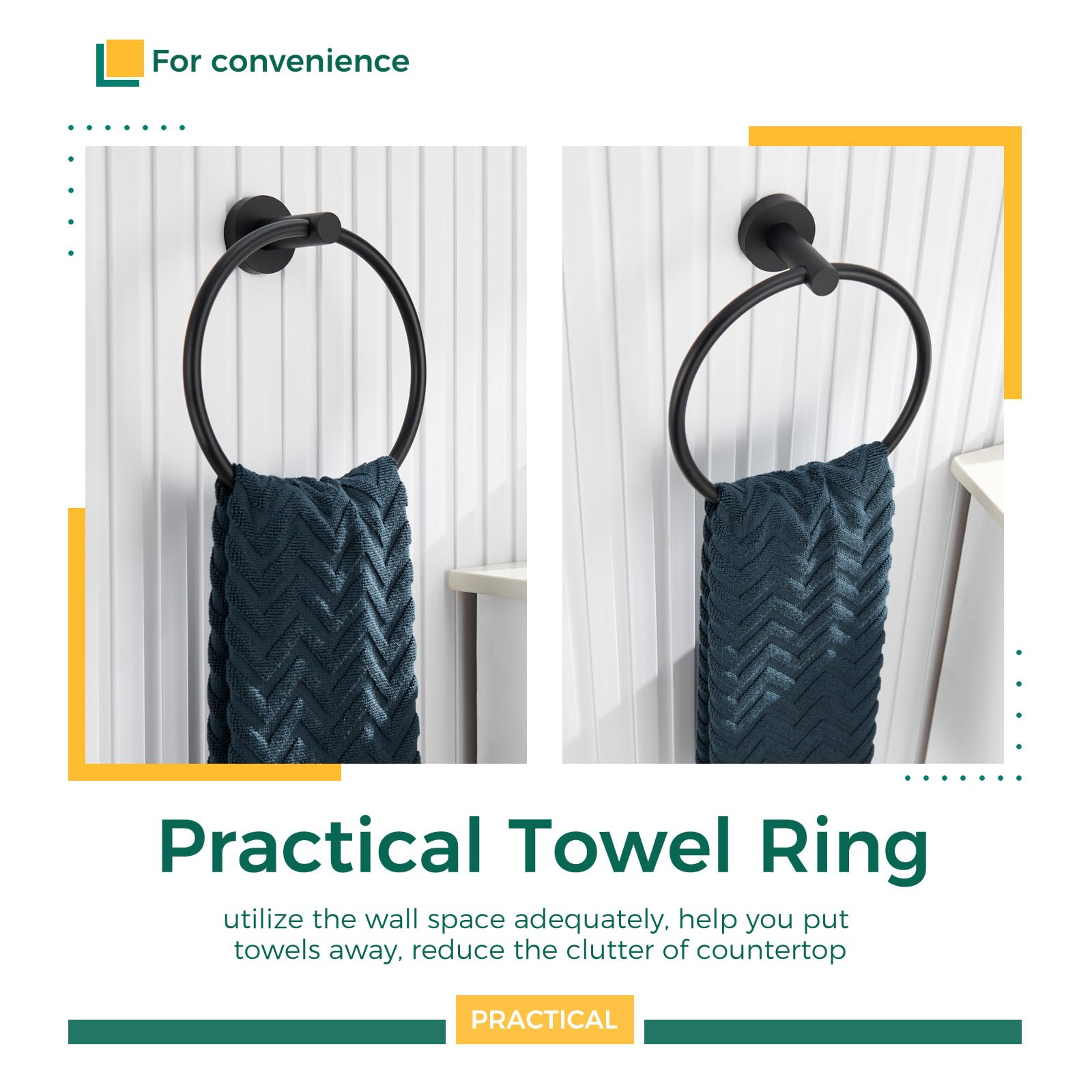 Aomasi Matte Black Stainless Steel Swivel Towel Ring - Stylish Round Bathroom Hand Towel Holder for Washcloth & Kitchen Use