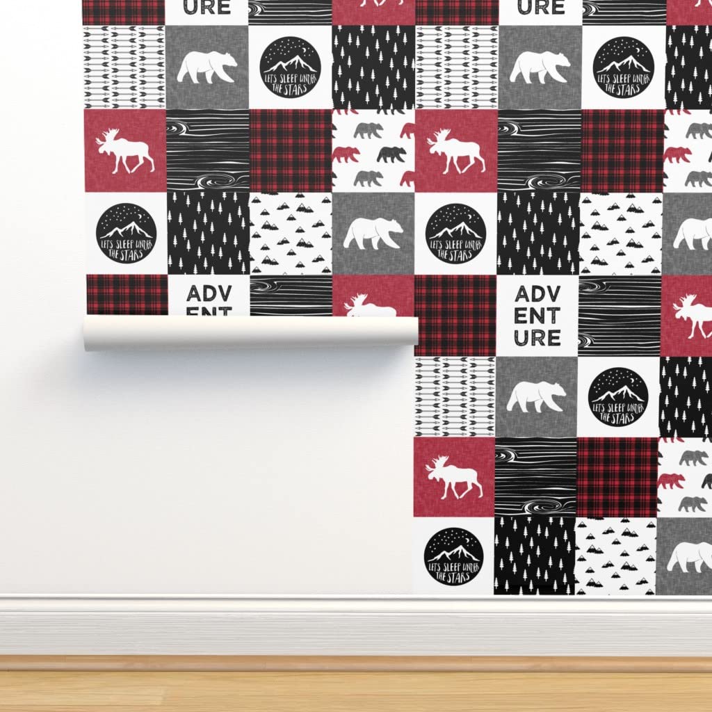 Removable Self-Adhesive Wallpaper - Red Cheater Baby Boy Lumberjack Camping Woodland Print | 24x144 Inch Peel & Stick Wallpaper for Nursery, Kids Room & Cabin Decor | Easy DIY Home Decoration
