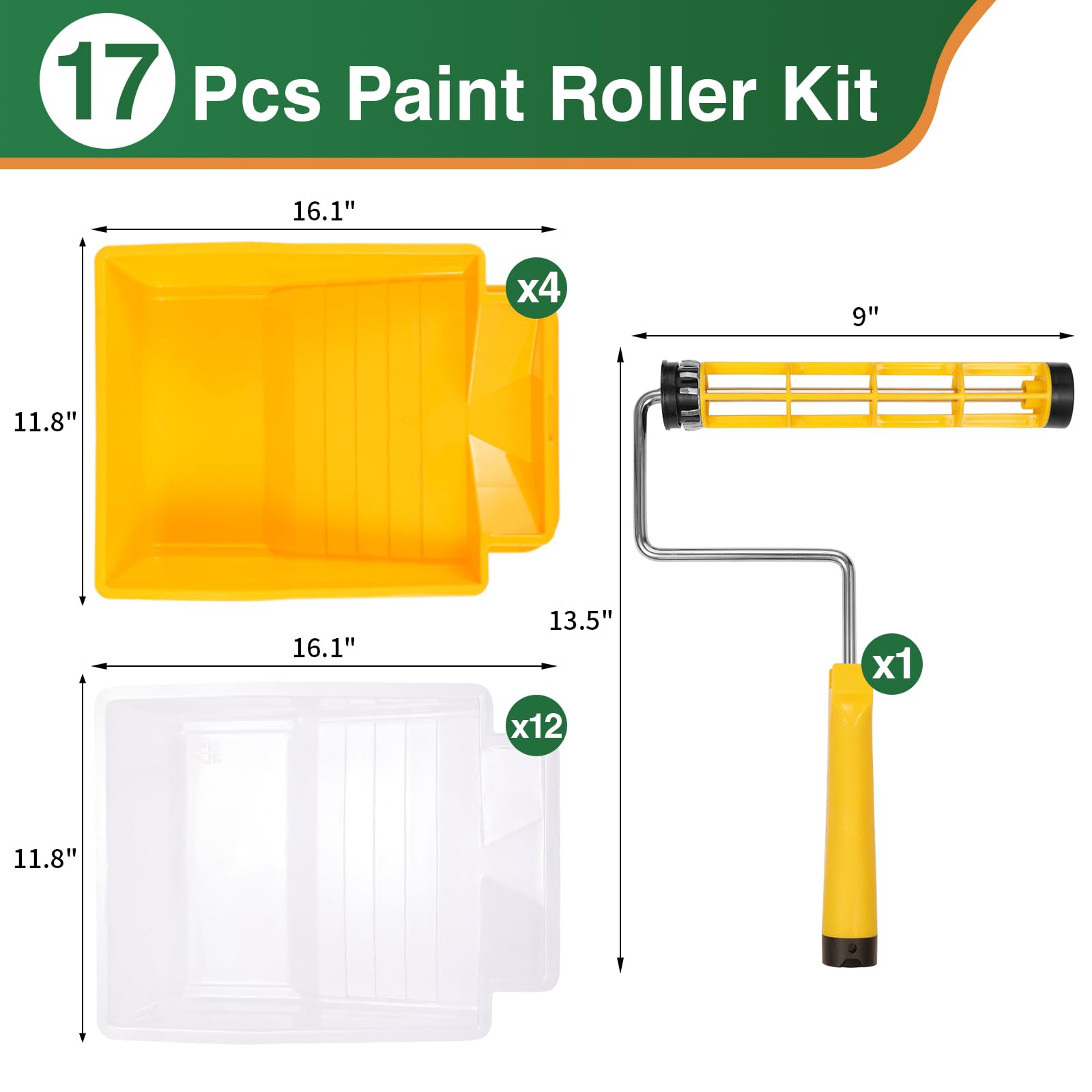 VOOMEY 9 Inch Foot-Operated Paint Tray with 12 Pcs Disposable Liners & 4 Paint Roller Frames - Professional House Painting Supplies for Walls, Ceilings & DIY Home Improvement Projects