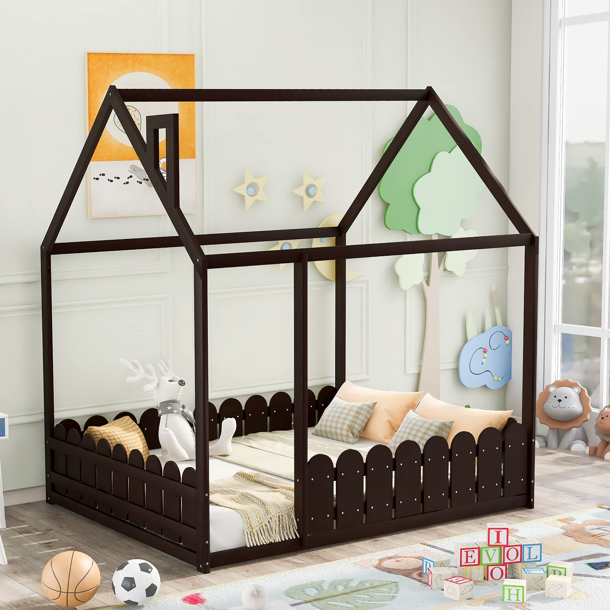 MERITLINE Wooden House Bed for Kids & Teens - Full Size Floor Bed with Roof & Fence, Montessori Cabin Bed for Toddlers - Perfect for Bedrooms, Playrooms & Montessori Learning Spaces (Espresso Finish)