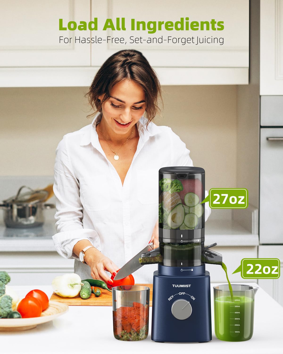 Premium Cold Press Masticating Juicer for Fruits & Vegetables - Includes 8 BPA-Free Juice Bottles, 4.25