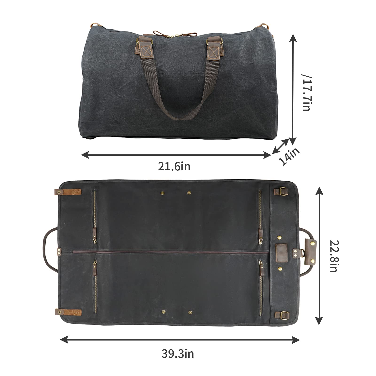 2 in 1 Canvas Leather Suit Luggage Garment Bag with Adjustable Shoulder Strap - Waxed Black Travel Duffel for Business Trips, Weekend Getaways & Formal Events