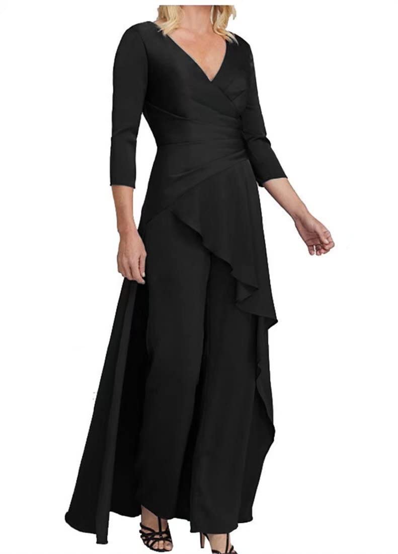 Elegant Plus Size Women's 2-Piece Mother of The Bride Pant Suit Set with 3/4 Sleeves & V-Neck - Formal Wedding Guest Outfit for Evening Ceremonies, Receptions & Special Occasions