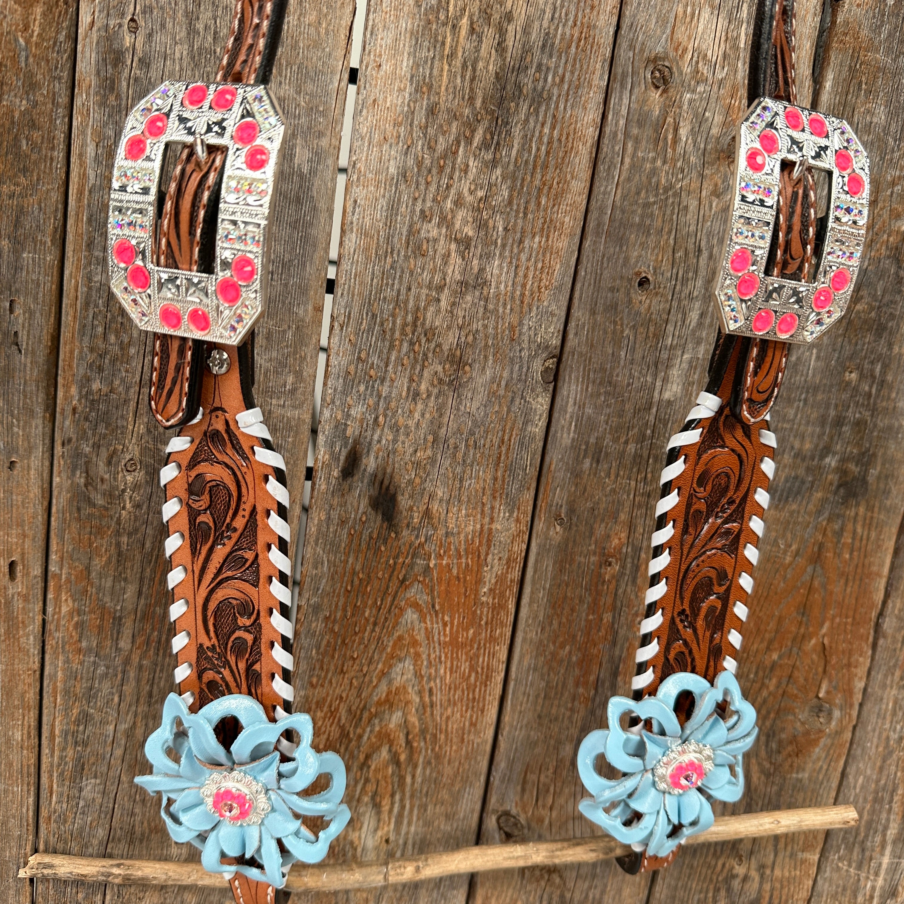 Light Oil Whipstitch Pink & Blue One Ear/Breastcollar Tack Set #OEBC575 - Premium Equestrian Gear for Western Riding & Horse Shows