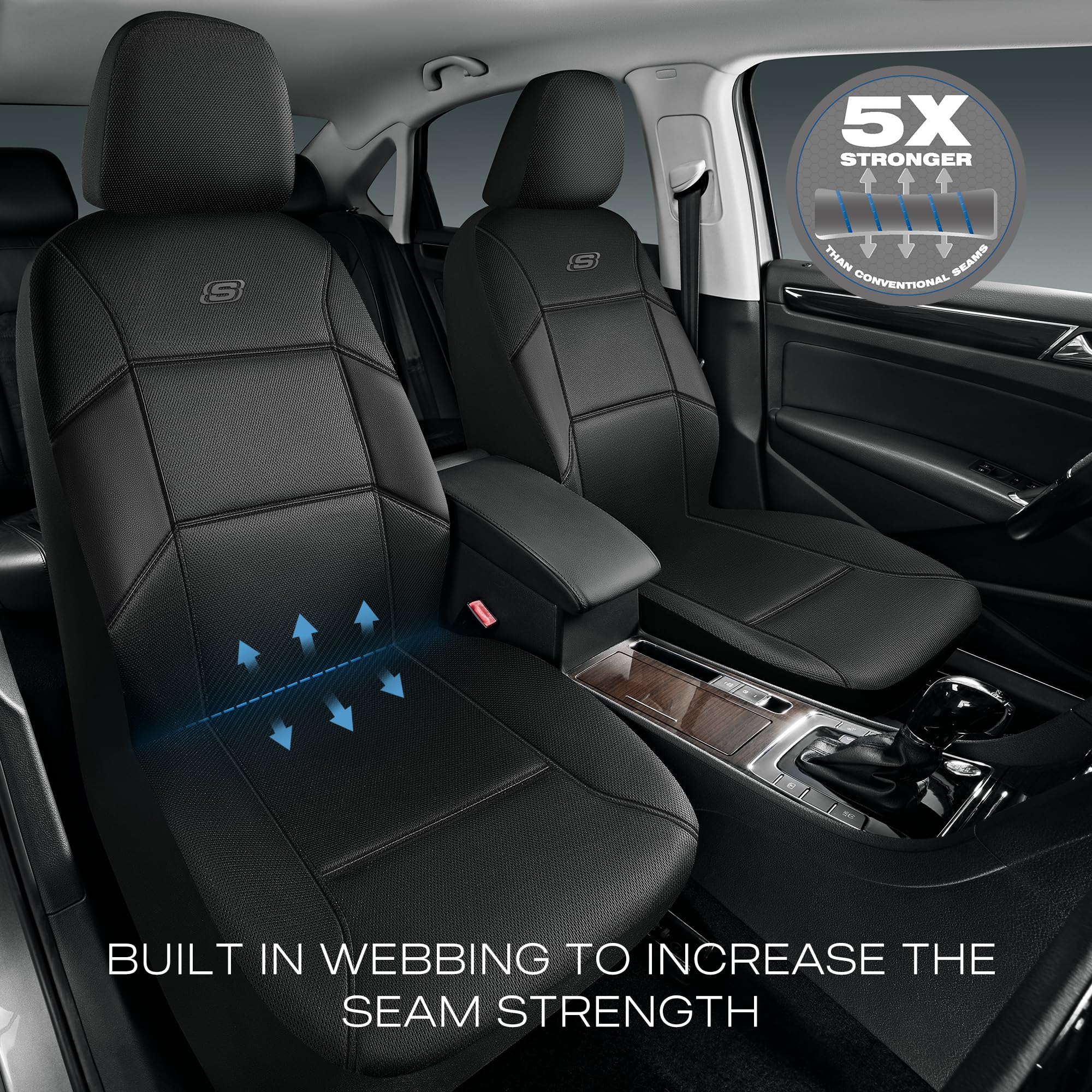 Skechers Work Car Seat Covers - Premium Leather Auto Seat Protectors with 5X Stronger Webbing & Breathable Mesh Fabric | Airbag Compatible Vehicle Seat Covers for Cars, Trucks & SUVs (Black, 2-Piece Front Set) | Perfect for Daily Commute, Road Trips & Work Vehicles