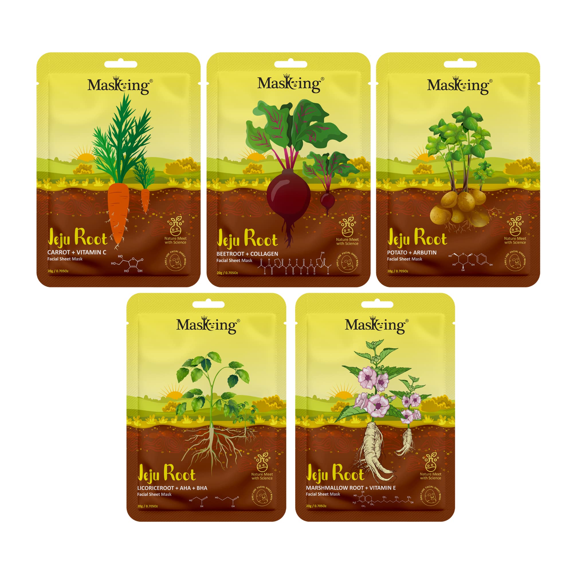 Jeju Root Brightening & Cleansing Face Sheet Mask for Glowing Skin - 5 Pack, Hydrating & Purifying for Women & Men - Perfect for Daily Skincare, Spa Days & Travel Essentials