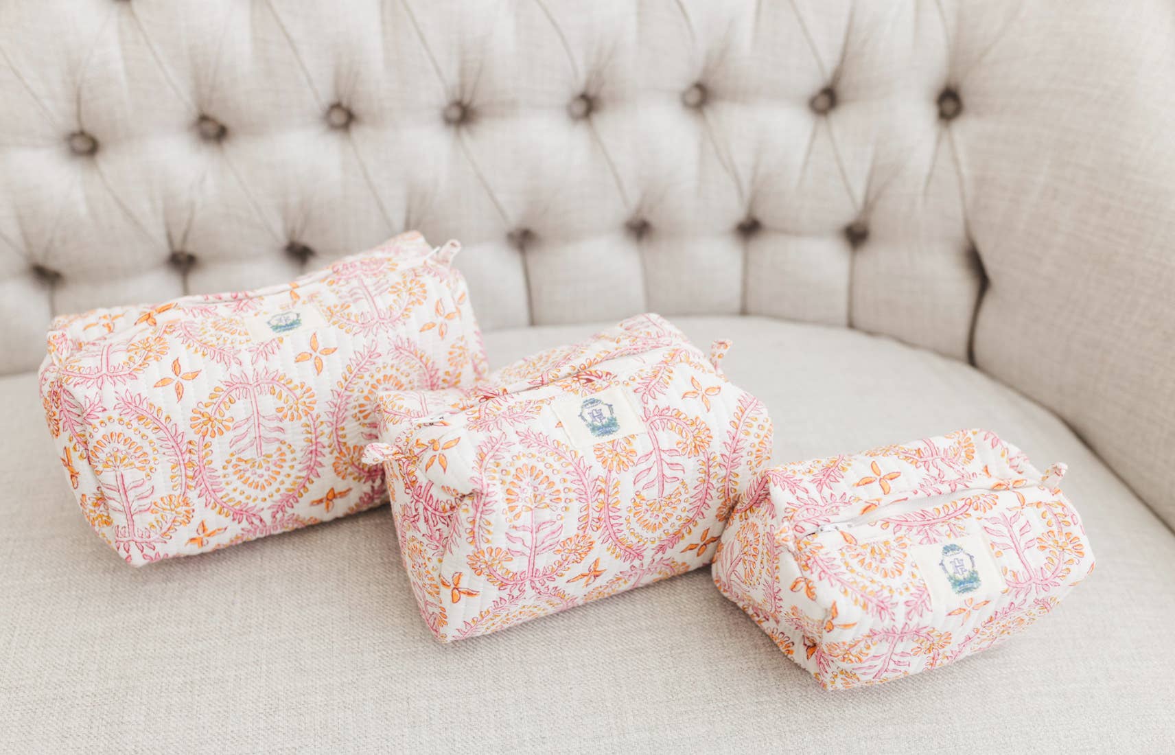 Dahlia Quilted Cosmetic Bags Set of 3 - Travel Makeup Organizer for Women, Waterproof Toiletry Pouch for Gym & Vacation