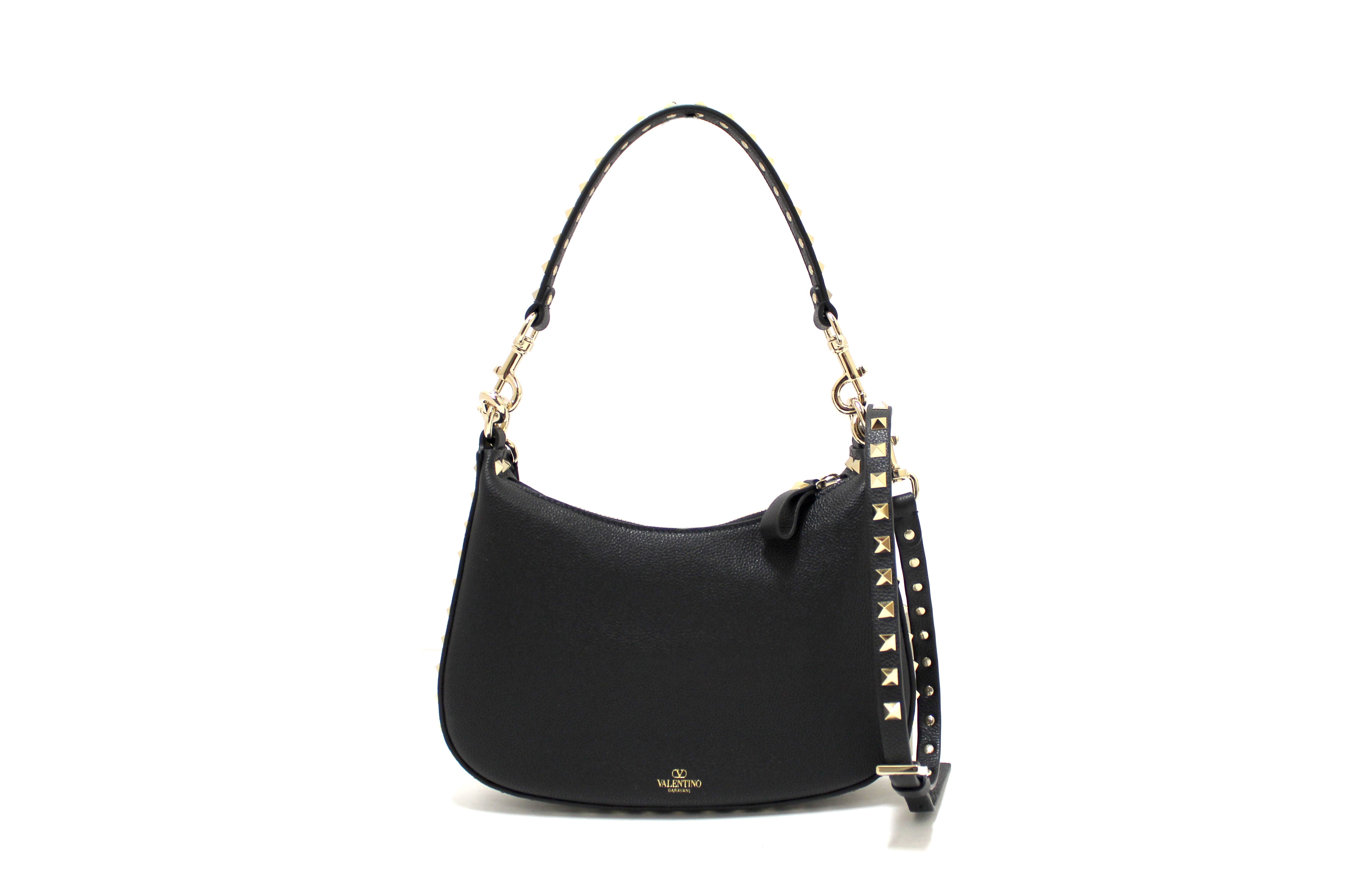 Authentic Valentino Garavani Rockstud Small Hobo Bag - Black Grainy Calfskin Leather Crossbody Purse for Women | Perfect for Date Night, Parties & Evening Events