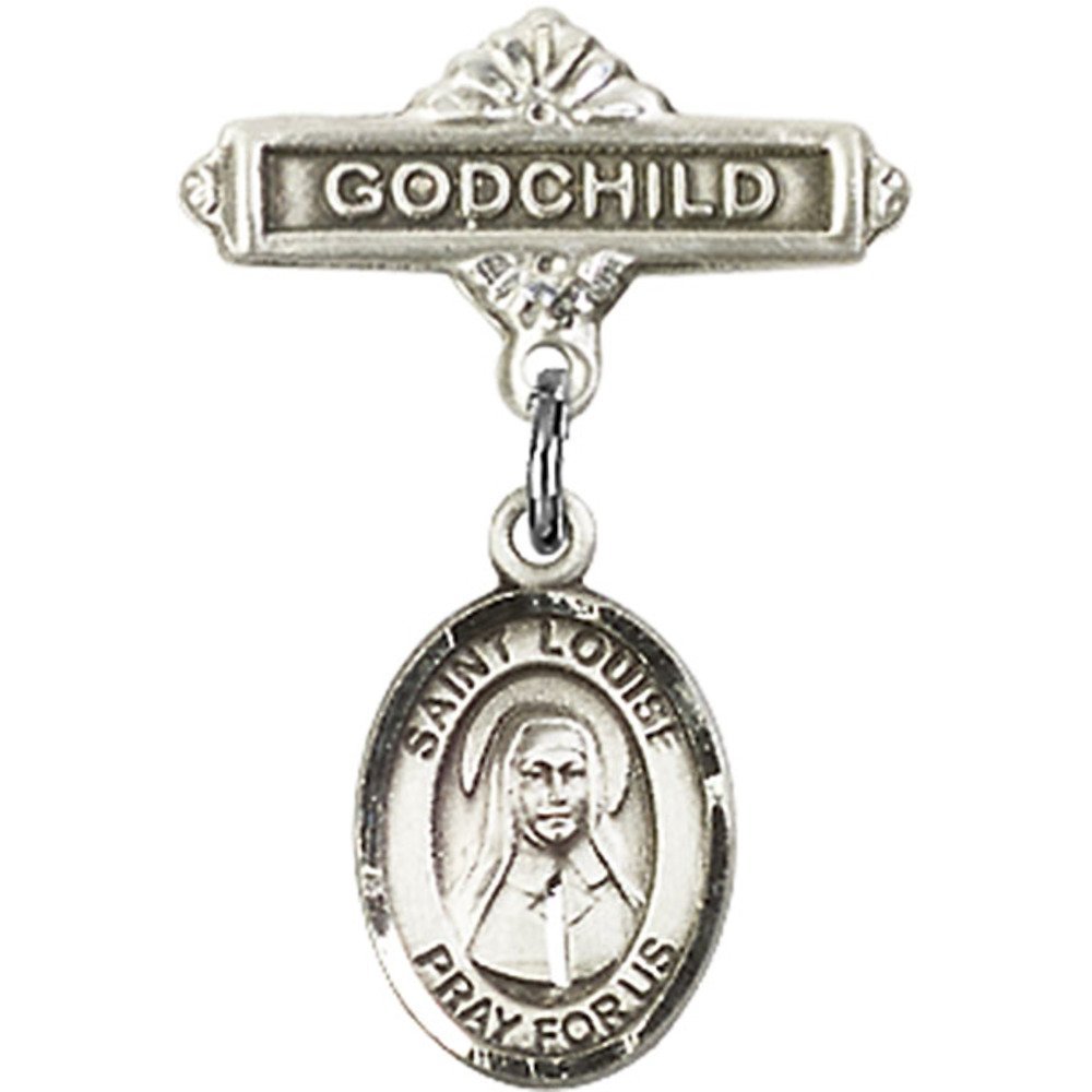 Sterling Silver Baby Badge with St. Louise de Marillac Charm & Godchild Pin - 1 X 5/8 Inch - Perfect for Christenings, Baptisms & Religious Gifts