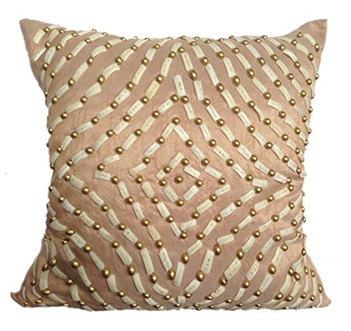 White Beige Beaded Pillow Cover 16x16 - Pearl Embroidery for Sofa Decor